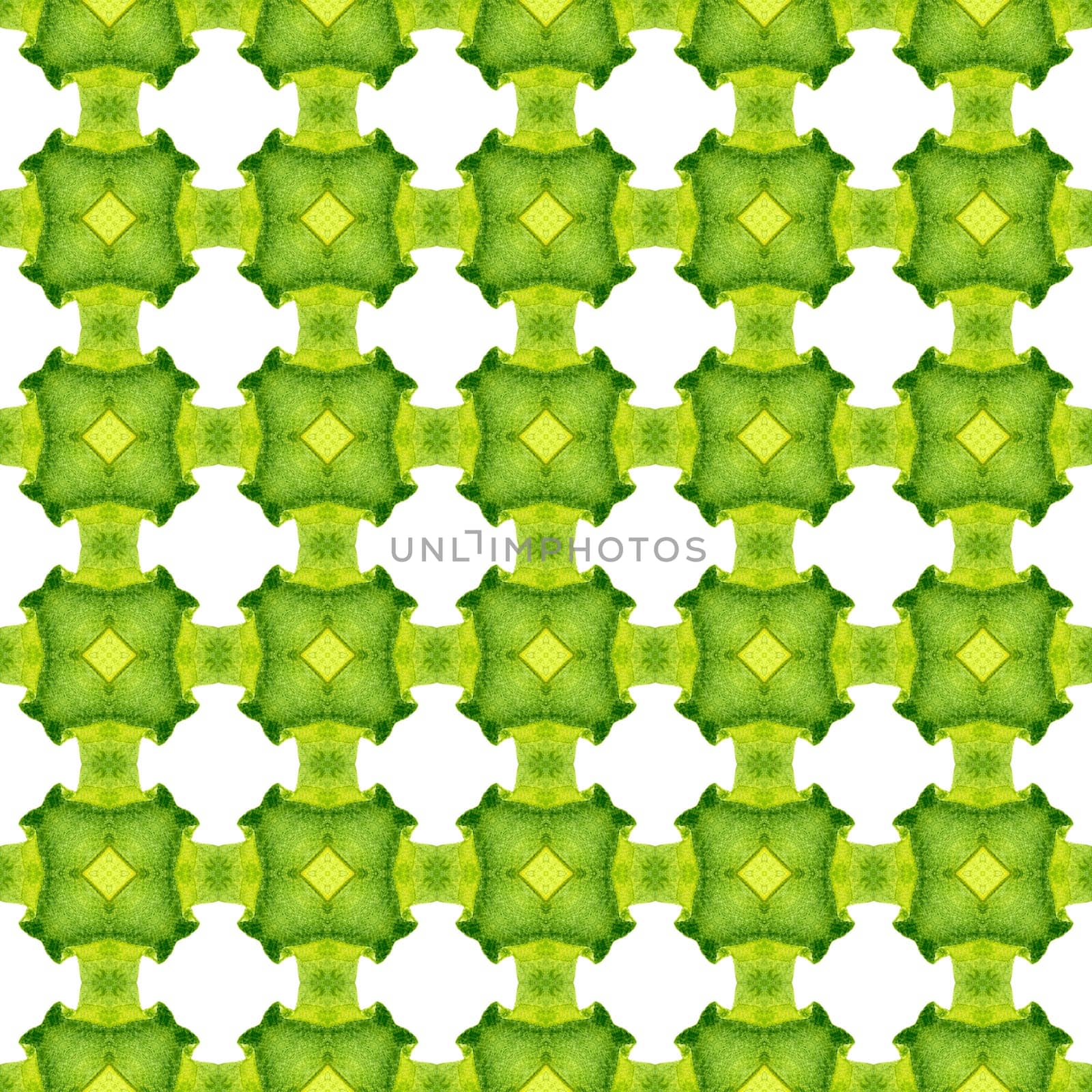 Watercolor ikat repeating tile border. Green amusing boho chic summer design. Textile ready sightly print, swimwear fabric, wallpaper, wrapping. Ikat repeating swimwear design.