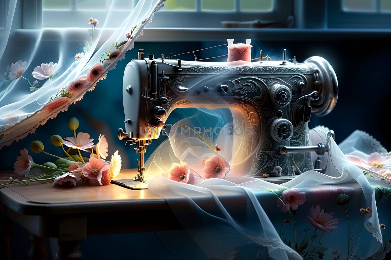 sewing machine and translucent fabric with flowers by Rawlik