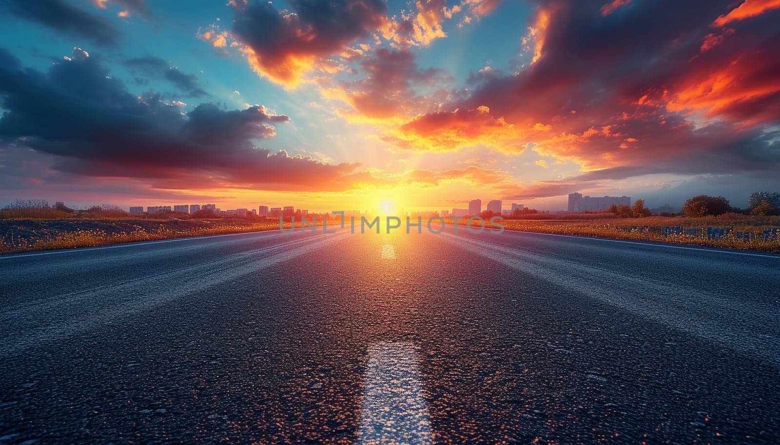 The perspective of the road against the background of sunset and the cityscape. High quality photo