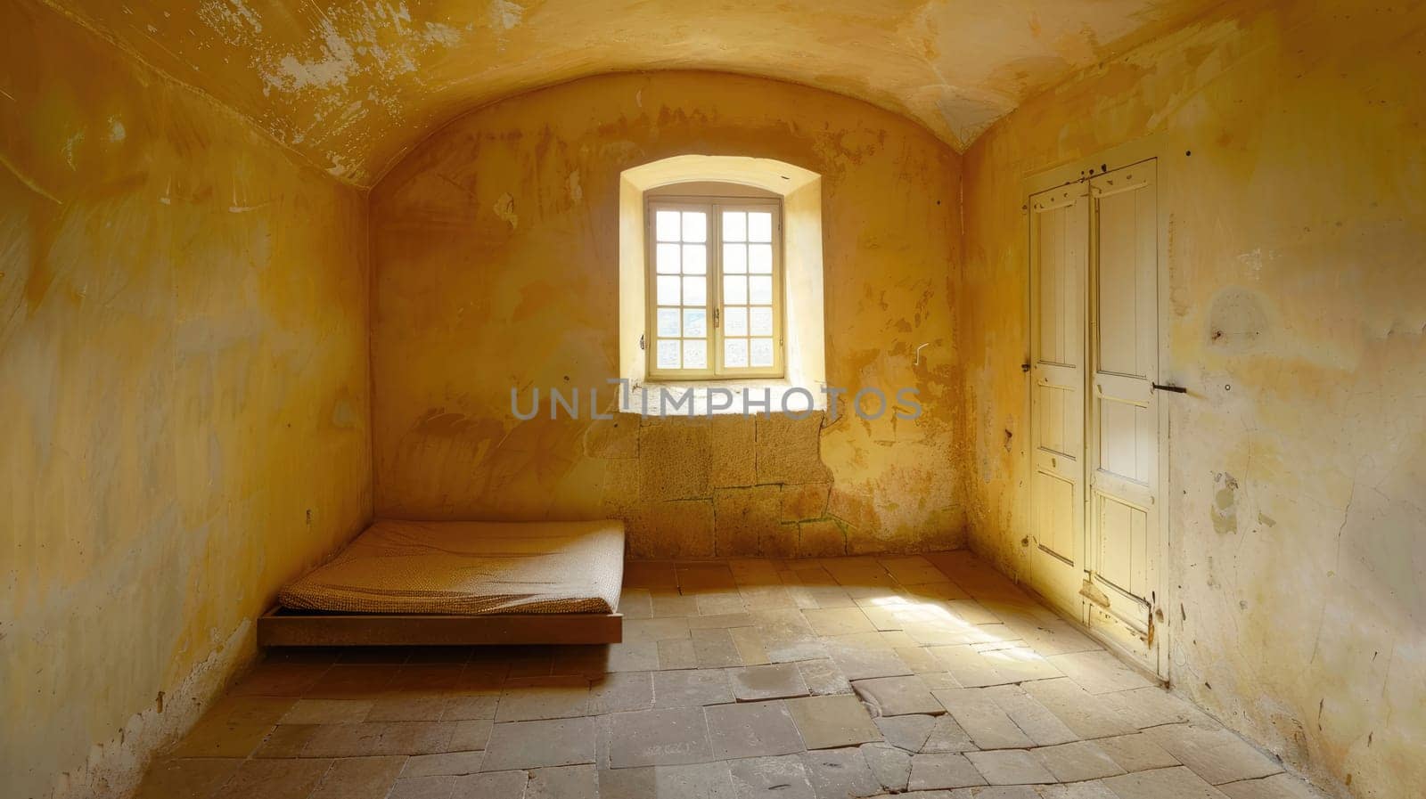 Solitary cell in a prison with shabby walls. AI