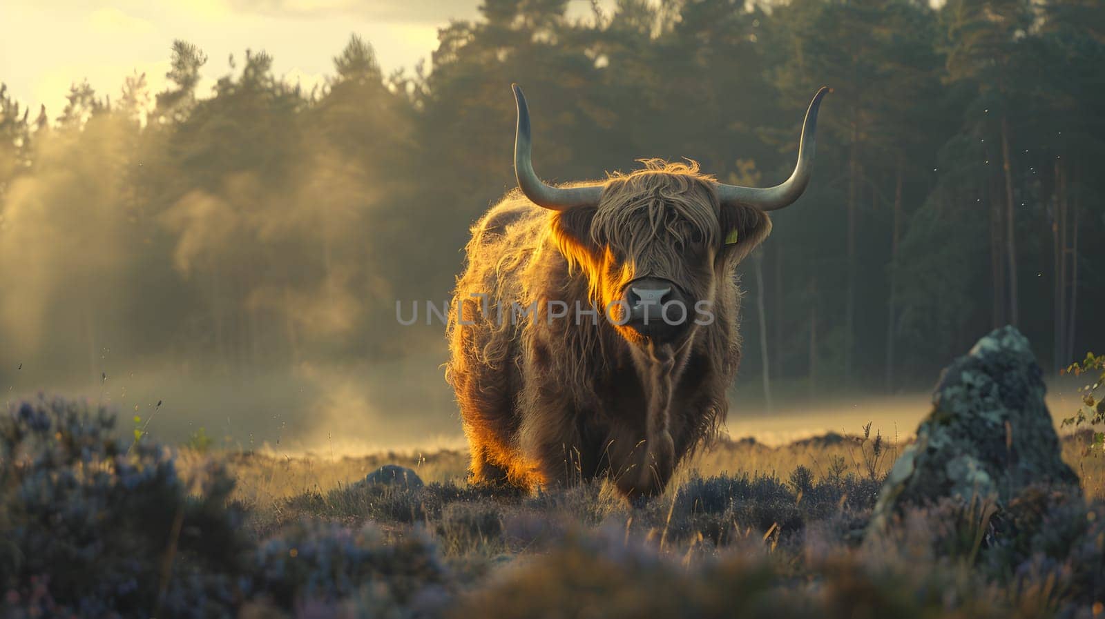 A bull yak with long horns is grazing in a grassy ecoregion, surrounded by trees and natural landscape. This terrestrial animal is a working animal and valuable livestock, resembling an ox