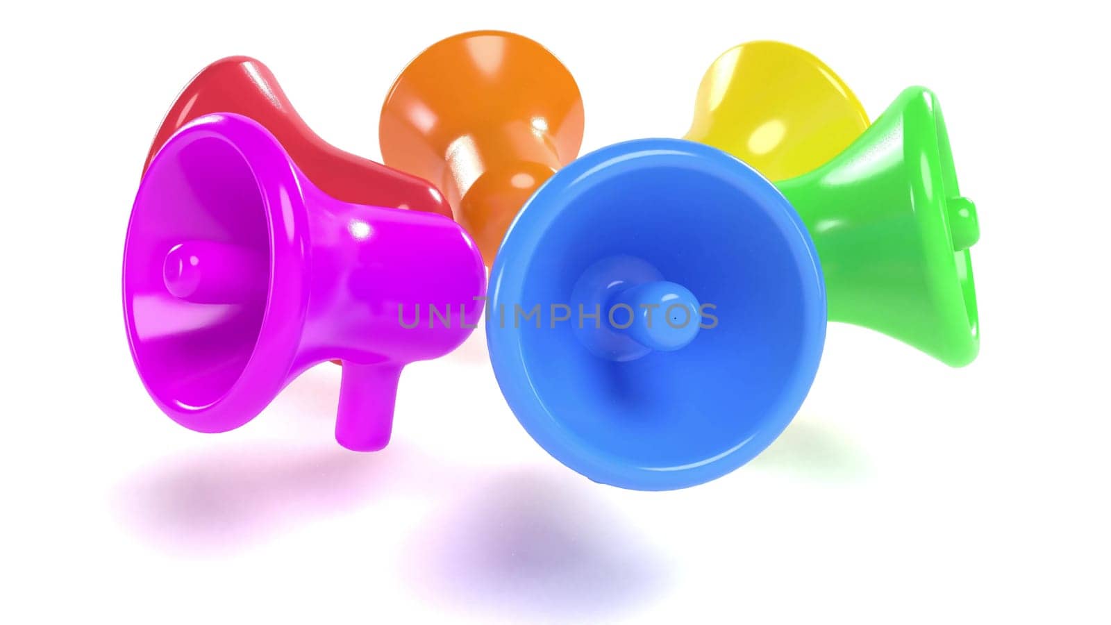 Color plastic bullhorn public address megaphones on white back 3d render by Zozulinskyi