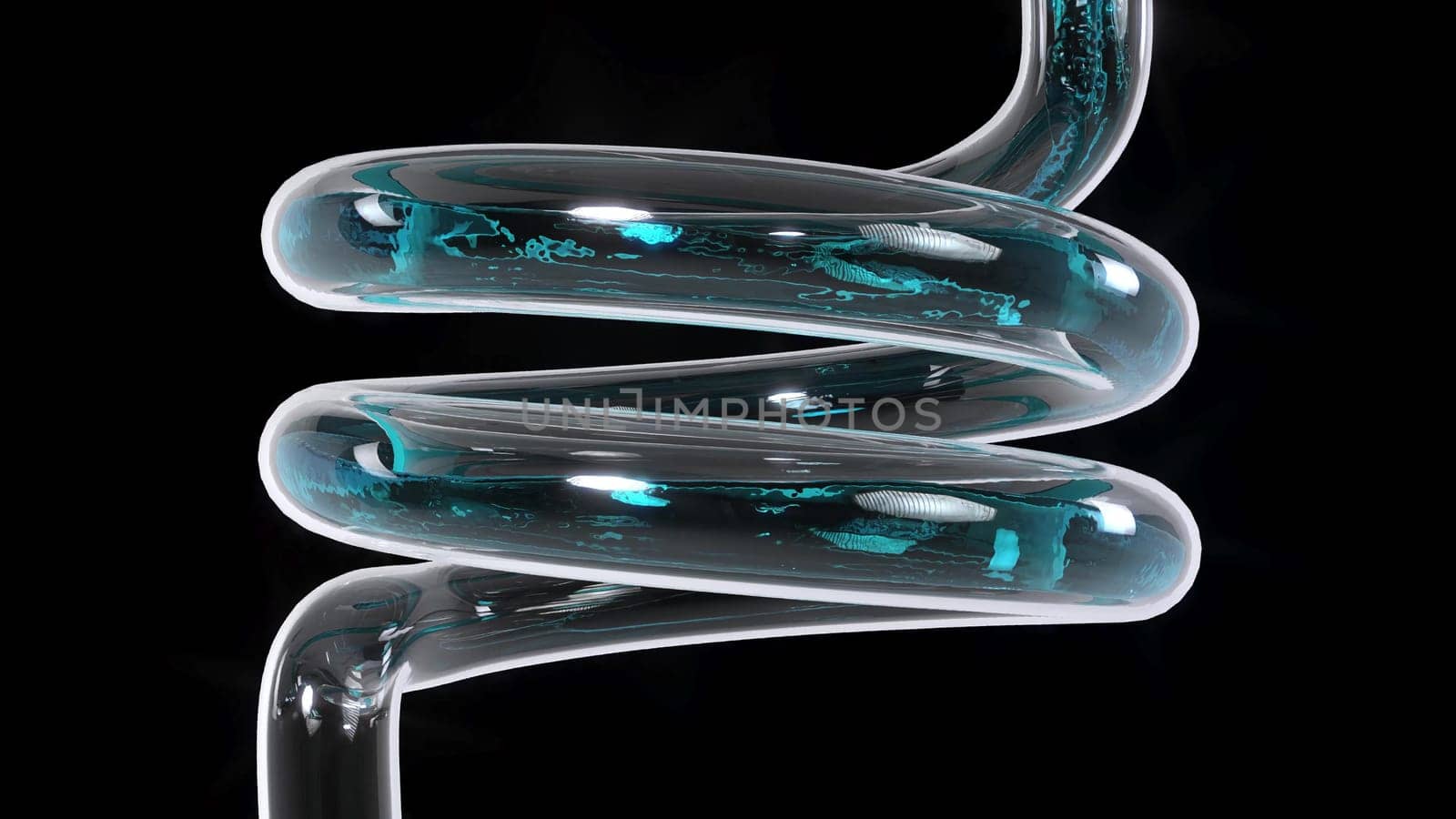 Glass curve tube blue liquid flow on black bg 3d render