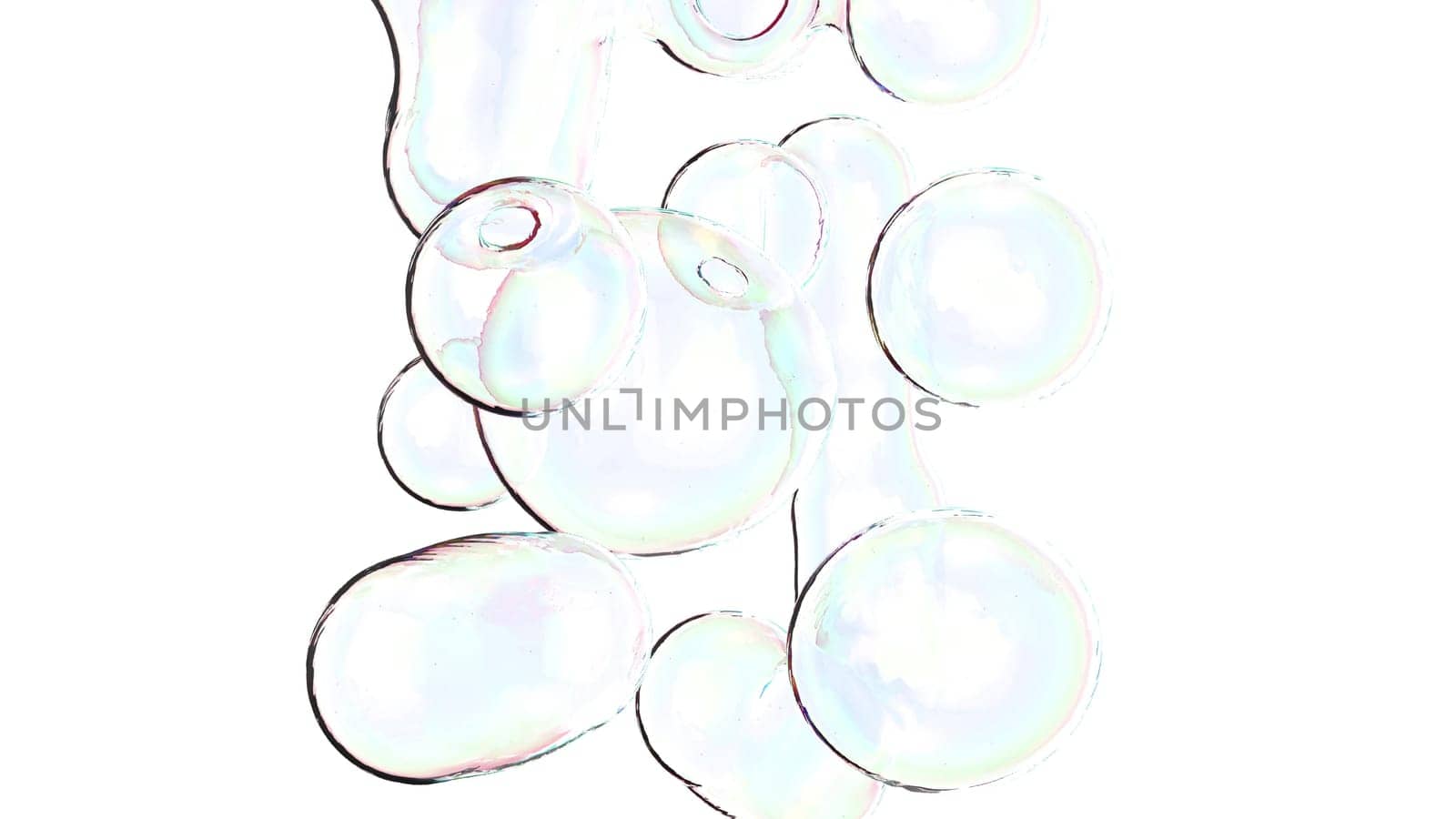 Transparent soap bubbles metaballs on white back 3d render