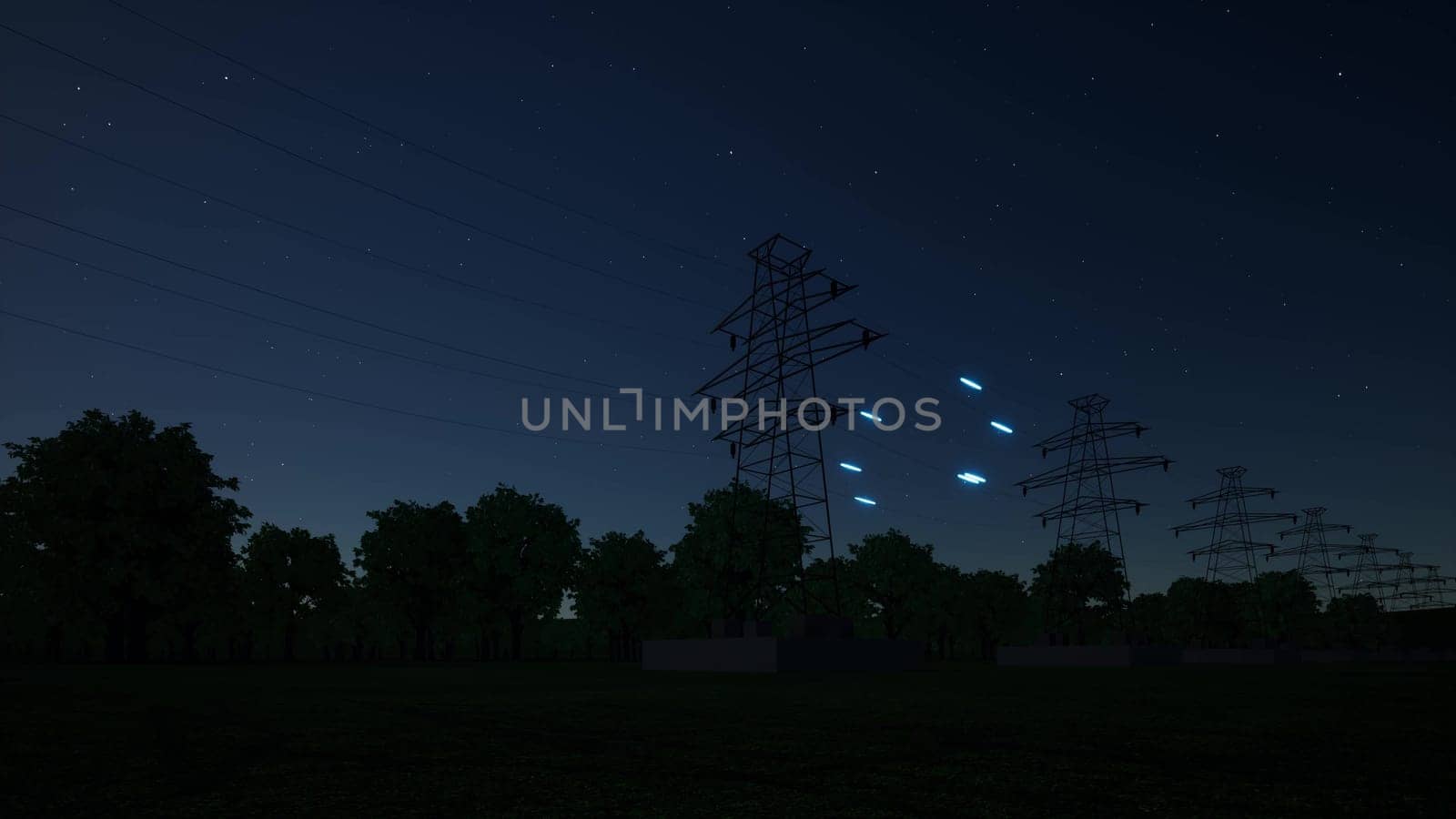 Electricity transmission towers with glowing wires electricity and energy facility industry high voltage post 3d render