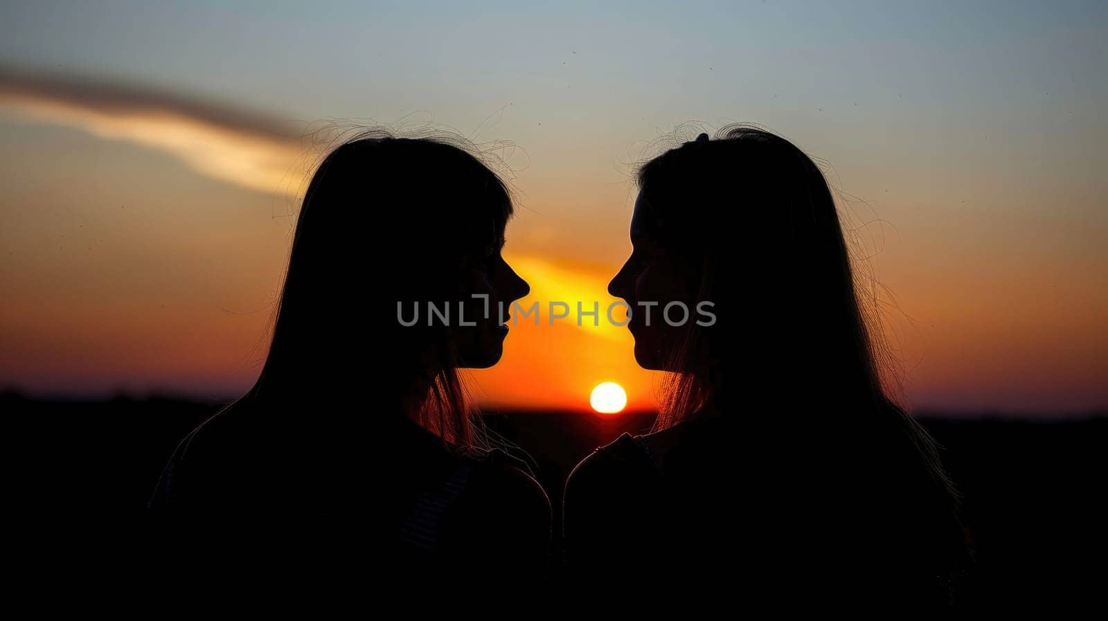 Two women are gazing at each other under the vibrant sunset sky AI