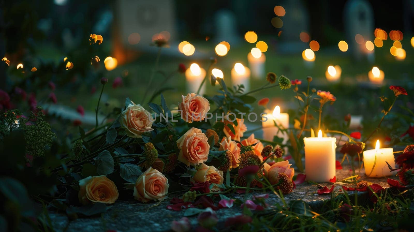Candles and flowers on the grave. Cemetery in the background AI