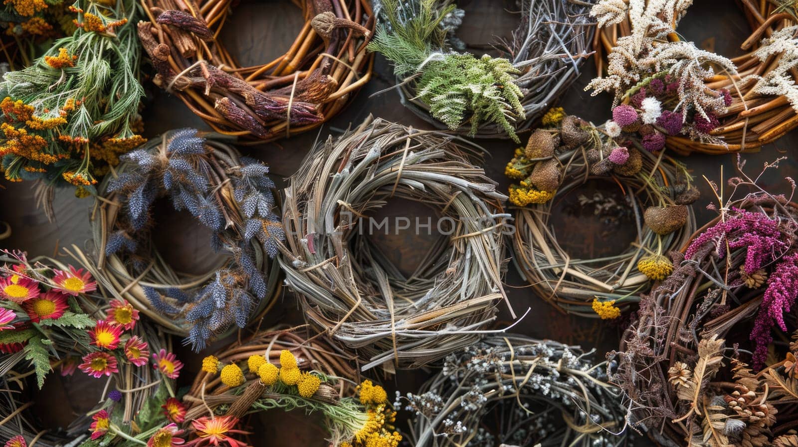 Hand made wreaths from branches and dried flowers. Fair of handicrafts and decors AI