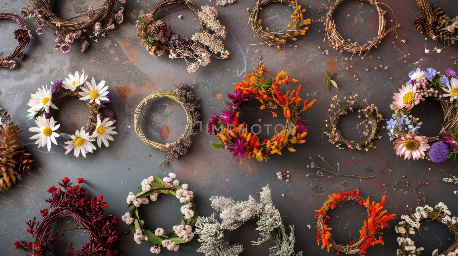 Hand made wreaths from branches and dried flowers. Fair of handicrafts and decors AI