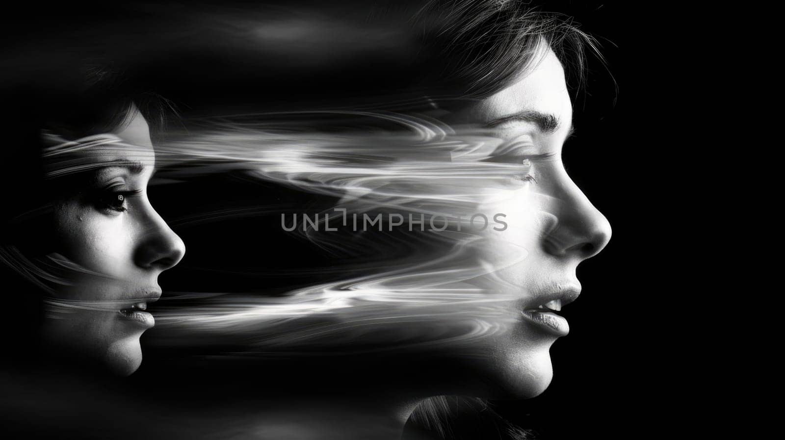 Black and white image of a portrait of a woman and a smoky face. Concept of magic, fears, insomnia, feelings AI