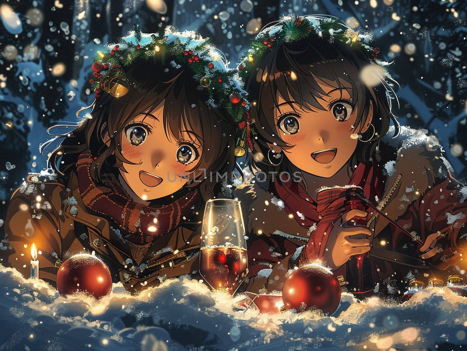 Christmas scene illustration with anime characters enjoying a festive celebration under snowfall
