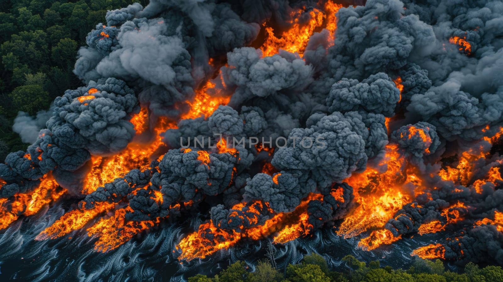 Black clouds of smoke and fire in a large forest fire AI