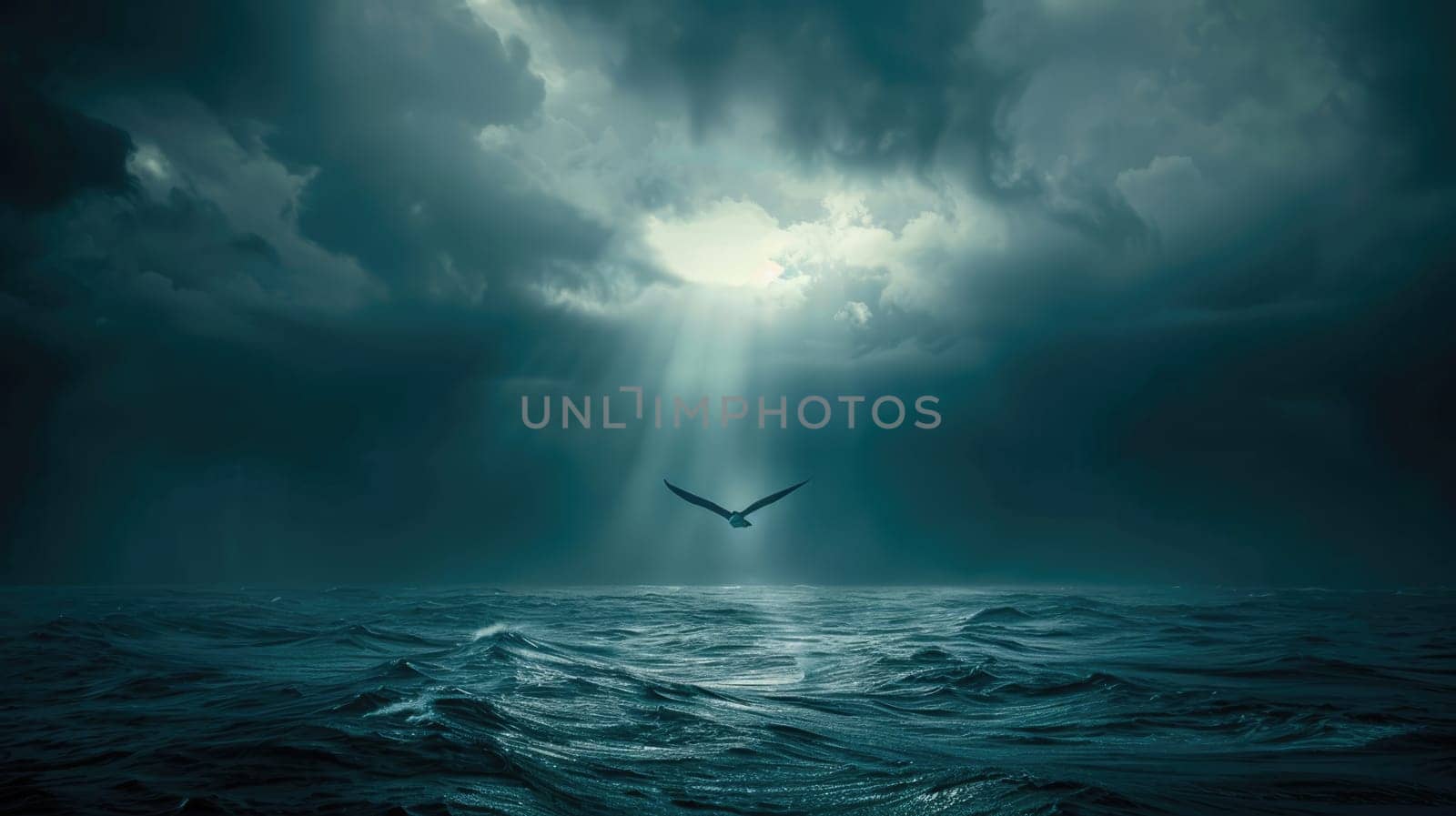 Seagull over a stormy sea. Marine landscape with flying birds AI