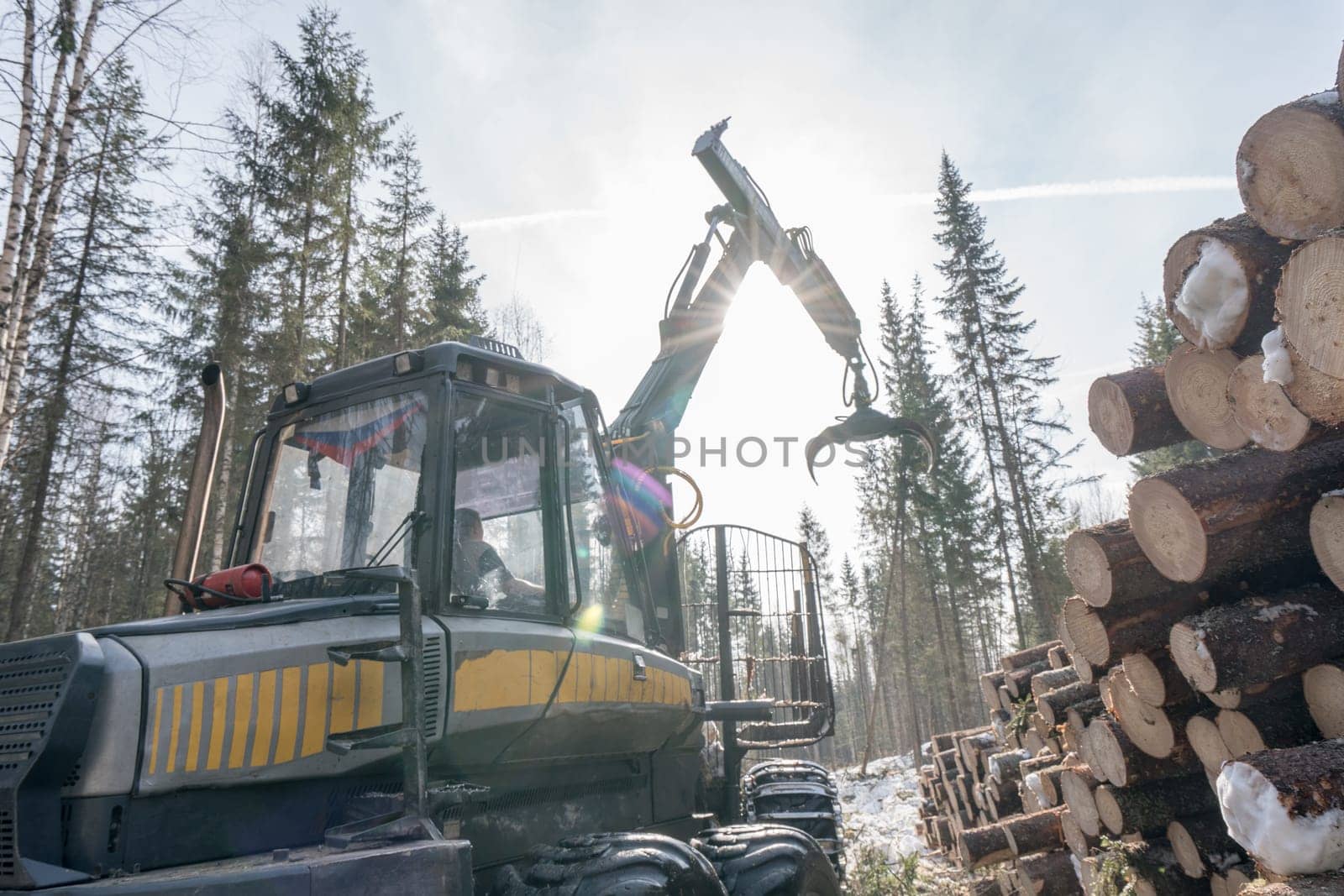 Forestry. Image of logger at work in winter woods by rivertime