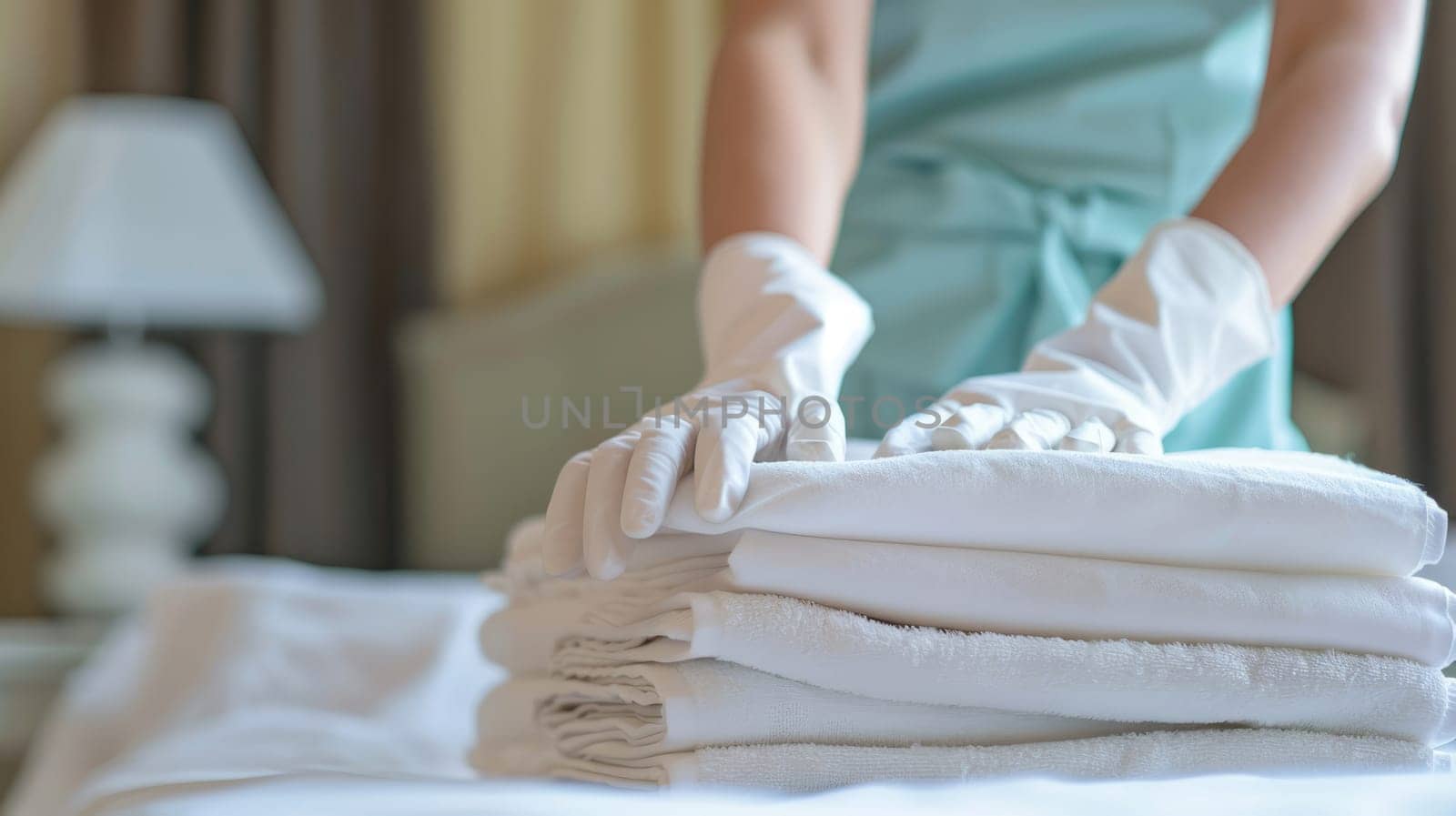 Clean white towels on fresh linens in a hotel room. Hotel room cleaning AI