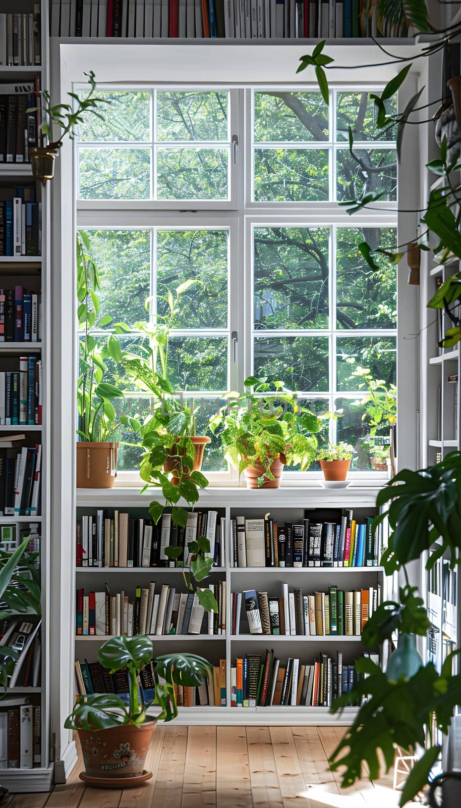 Building filled with books, plants on shelves in front of window by Nadtochiy