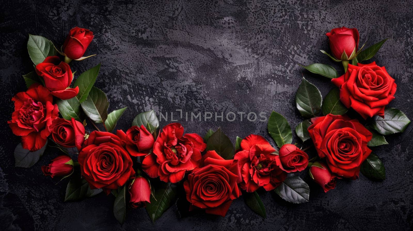 A bouquet of red hybrid tea roses with green leaves against a black backdrop AI