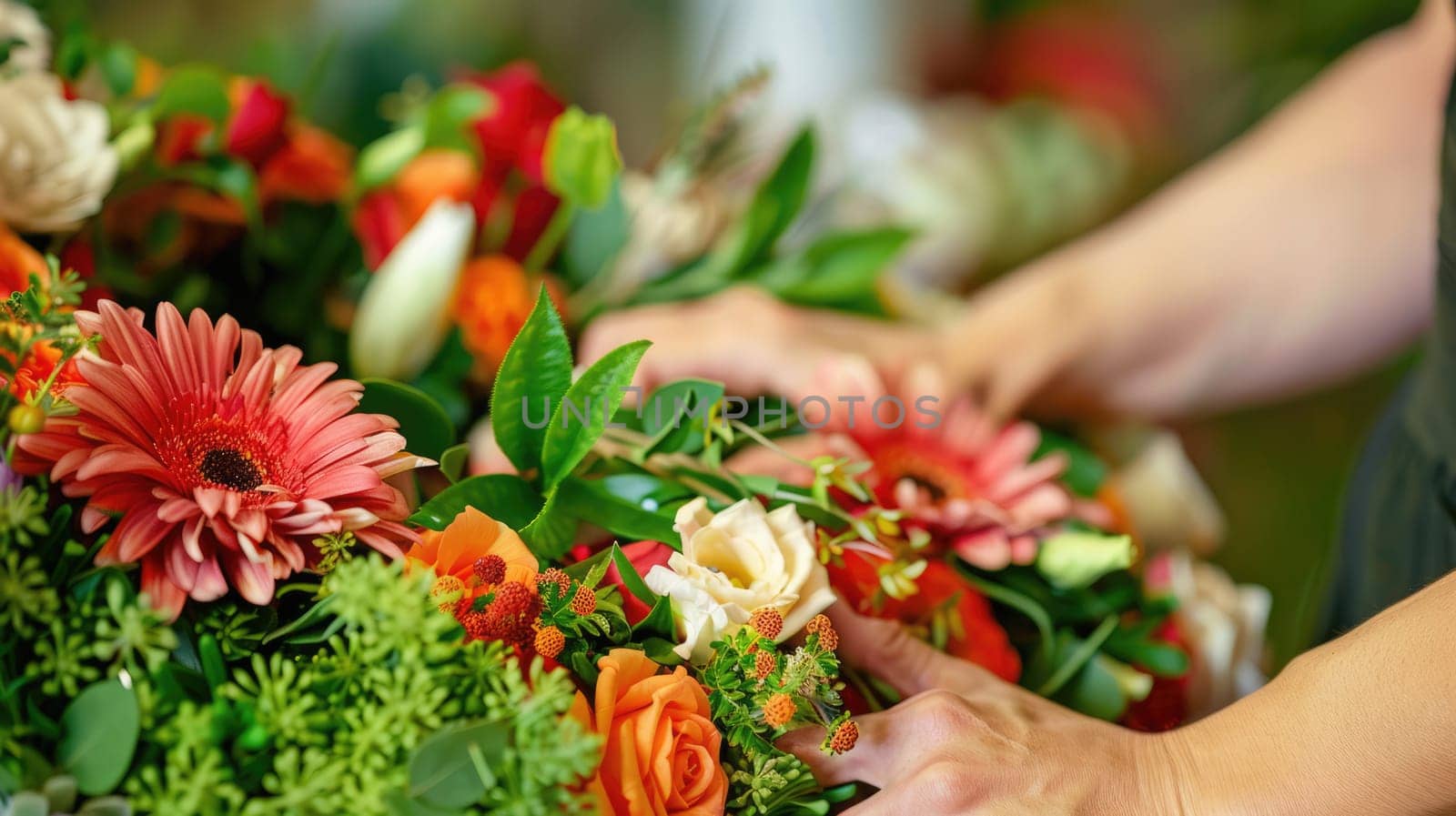 The person is holding a bouquet of orange flowers, showcasing their love for flower arranging. AI