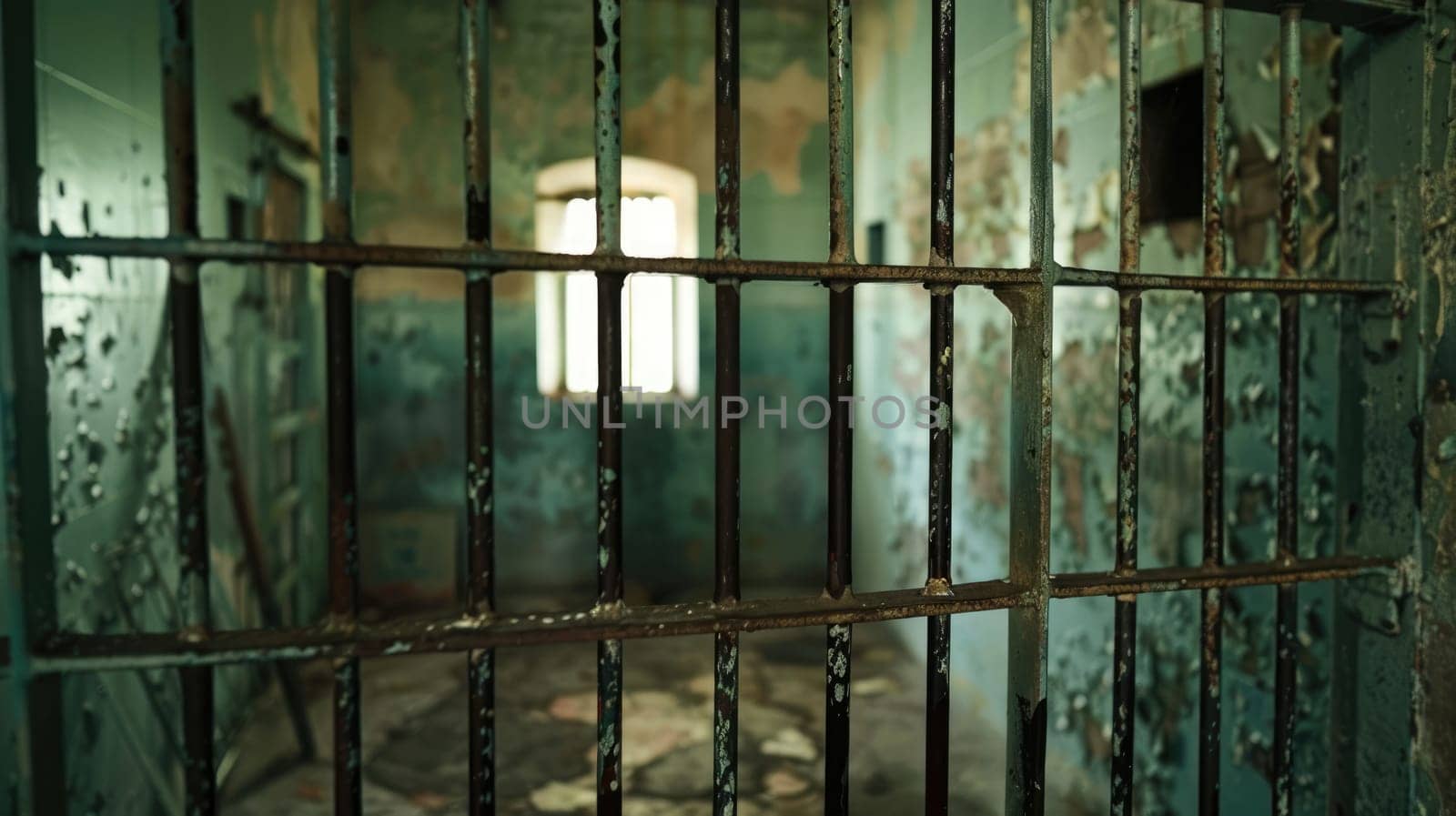 A prison cell behind iron bars. Gloomy room with shabby walls AI