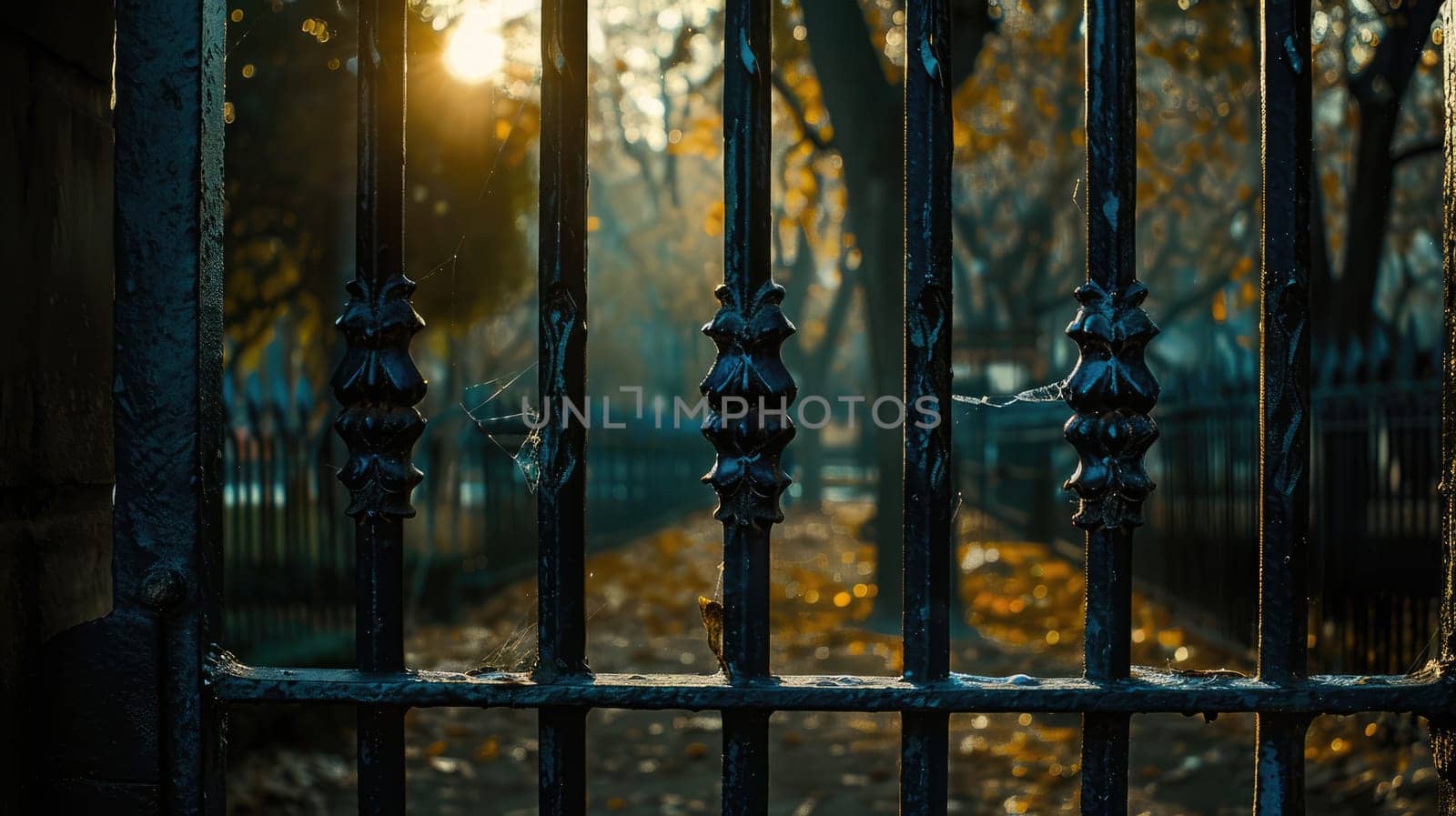 Old black bars with cobwebs. In the background is an old autumn park. AI