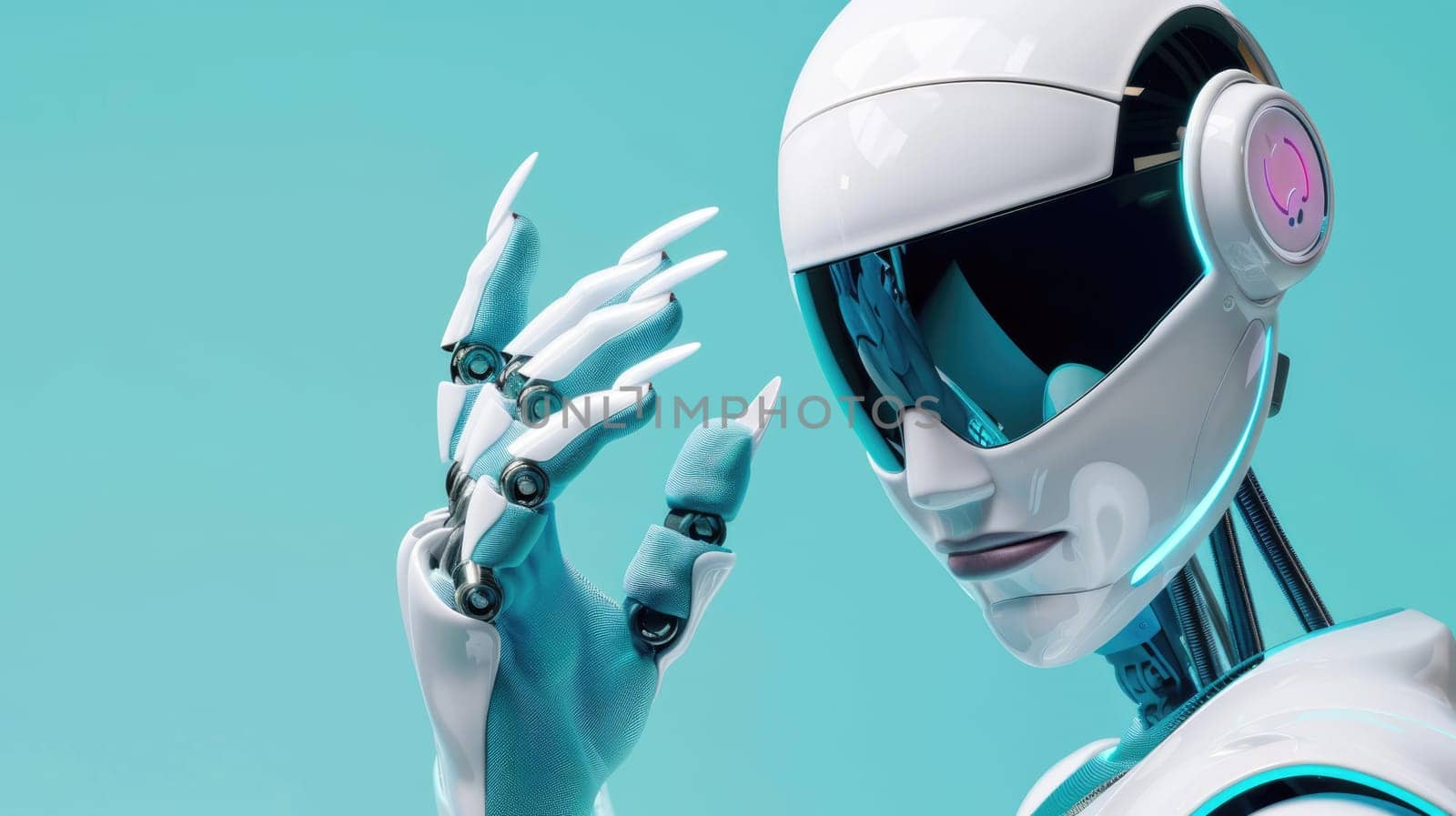 White robot woman with manicured hands on a blue background AI