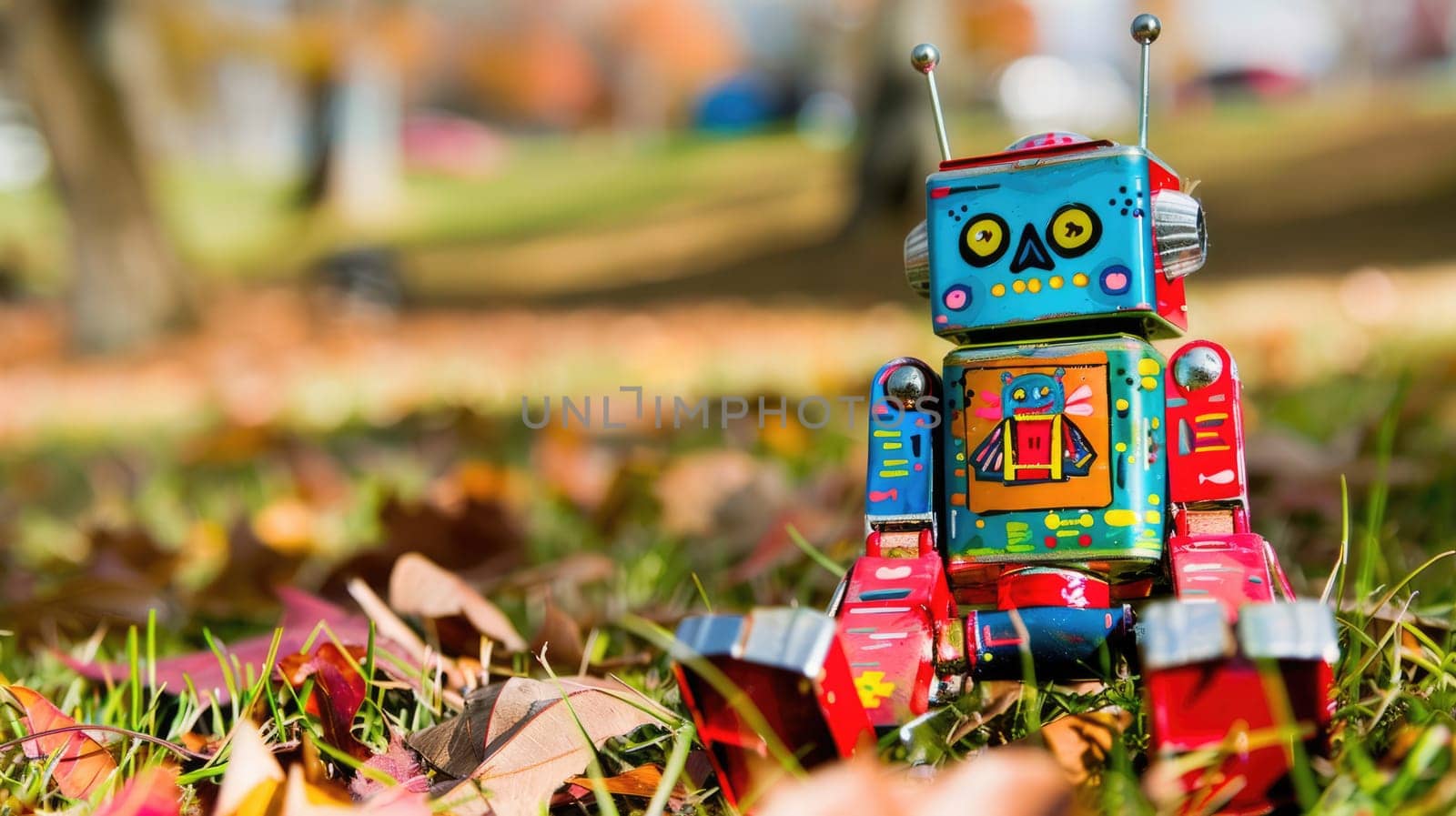 A vibrant toy robot lounges in the grass AI