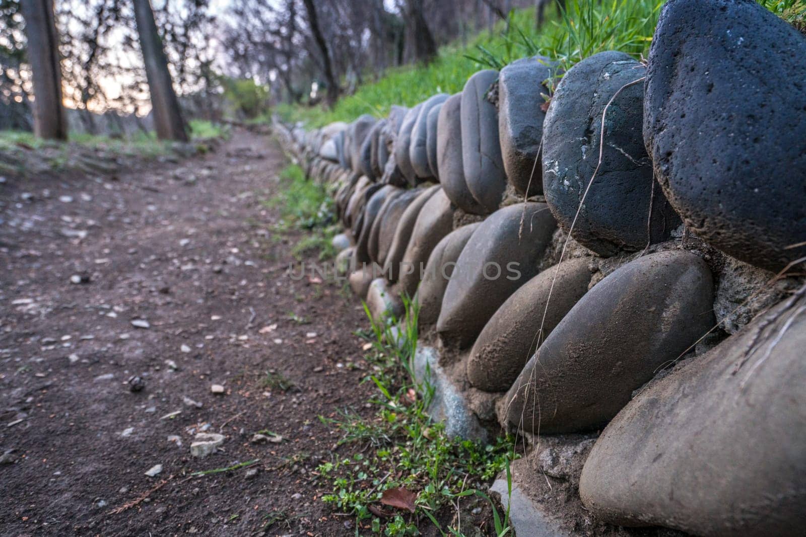 In park. Image of border paved with stones, close-up