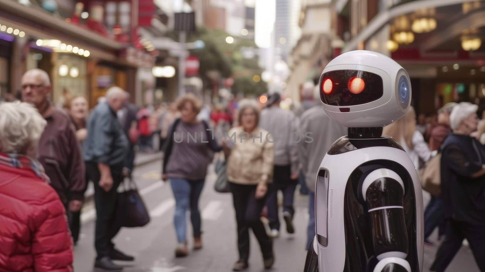 A robot stands in city road, among crowd AI