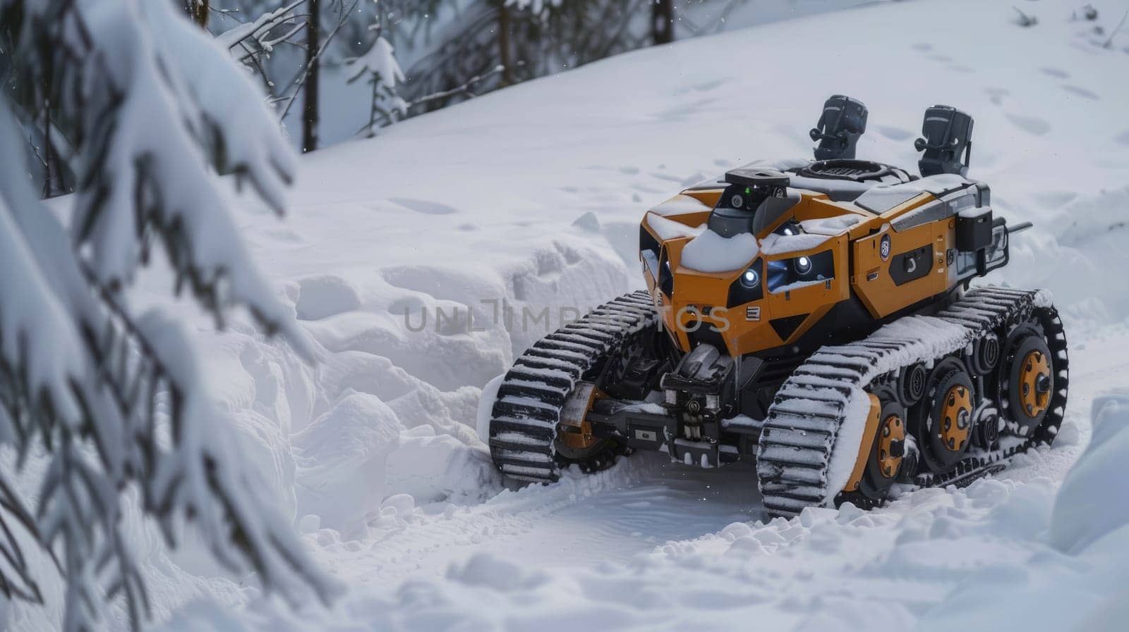 Black and yellow vehicle with snow tires driving through freezing snow. Delivery robot in a winter storm AI