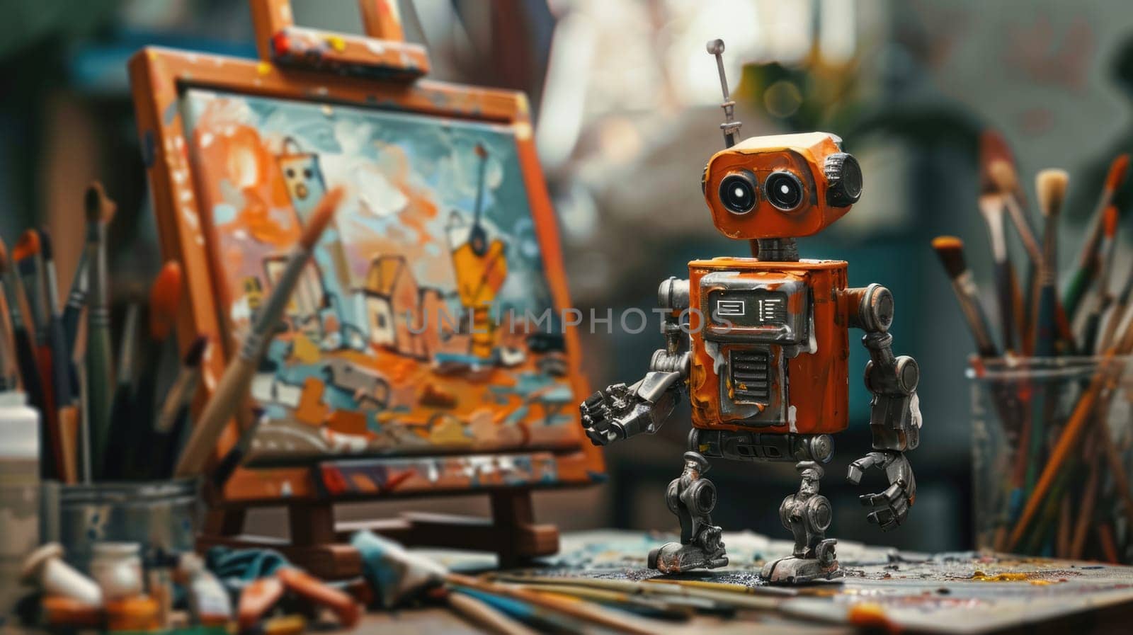 A robot toy stands before an art painting on a wooden easel AI