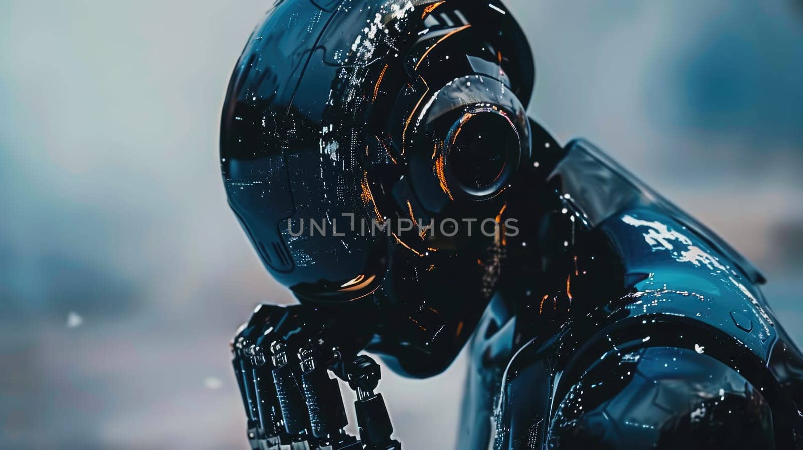 A black humanoid robot with scratches holds its head with its palm. AI