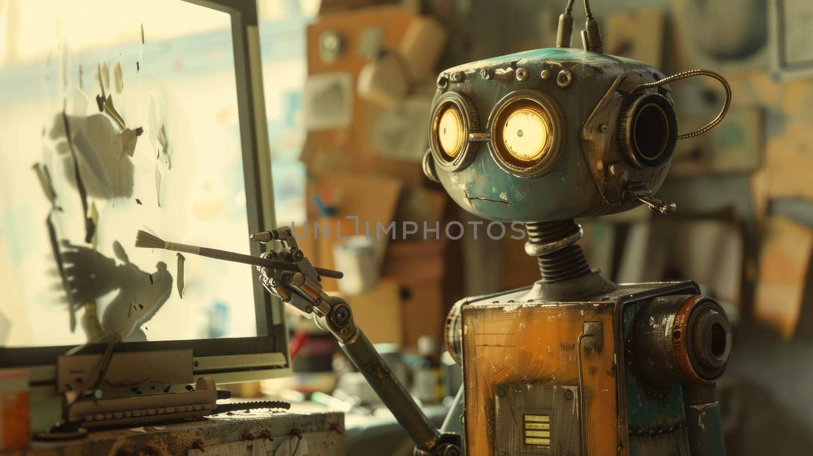 Cute rusty robot paints a picture with a brush AI