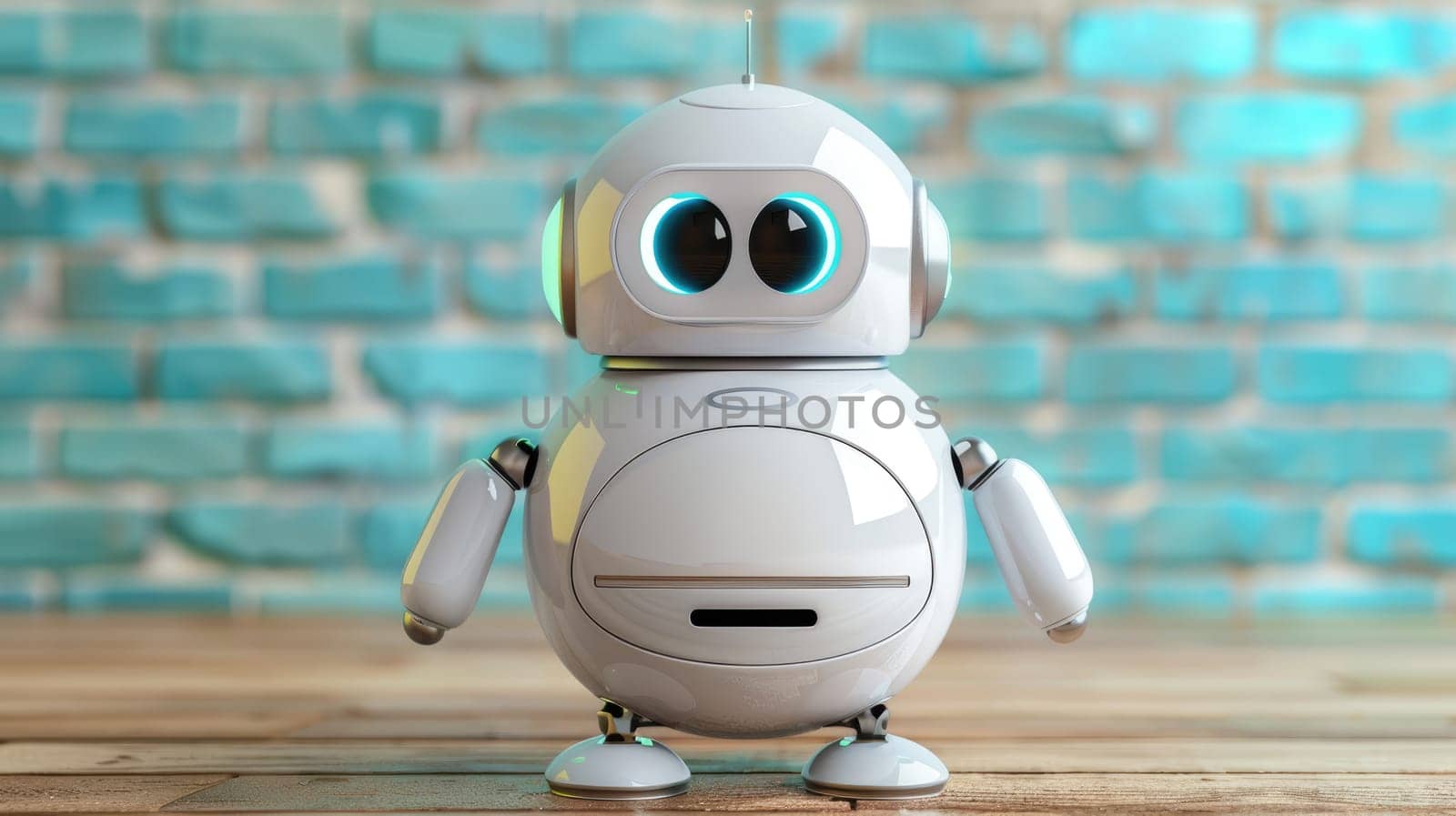 A white robot toy stands on a wooden table against a blue brick wall AI