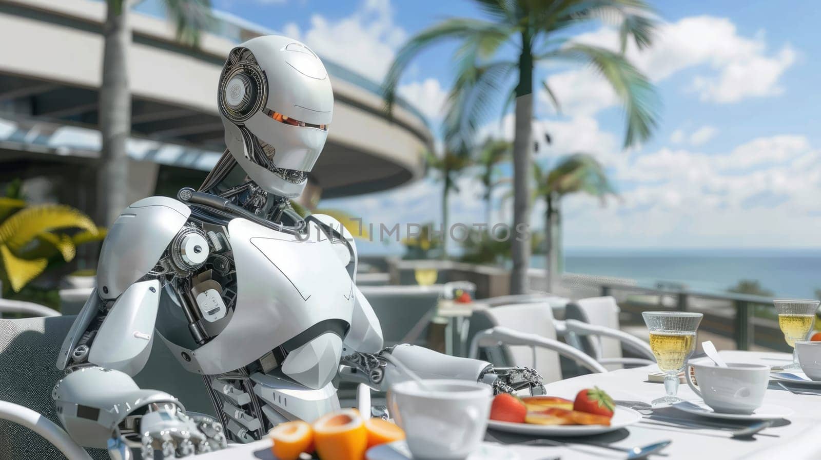 Robot at breakfast during a vacation on the coast AI