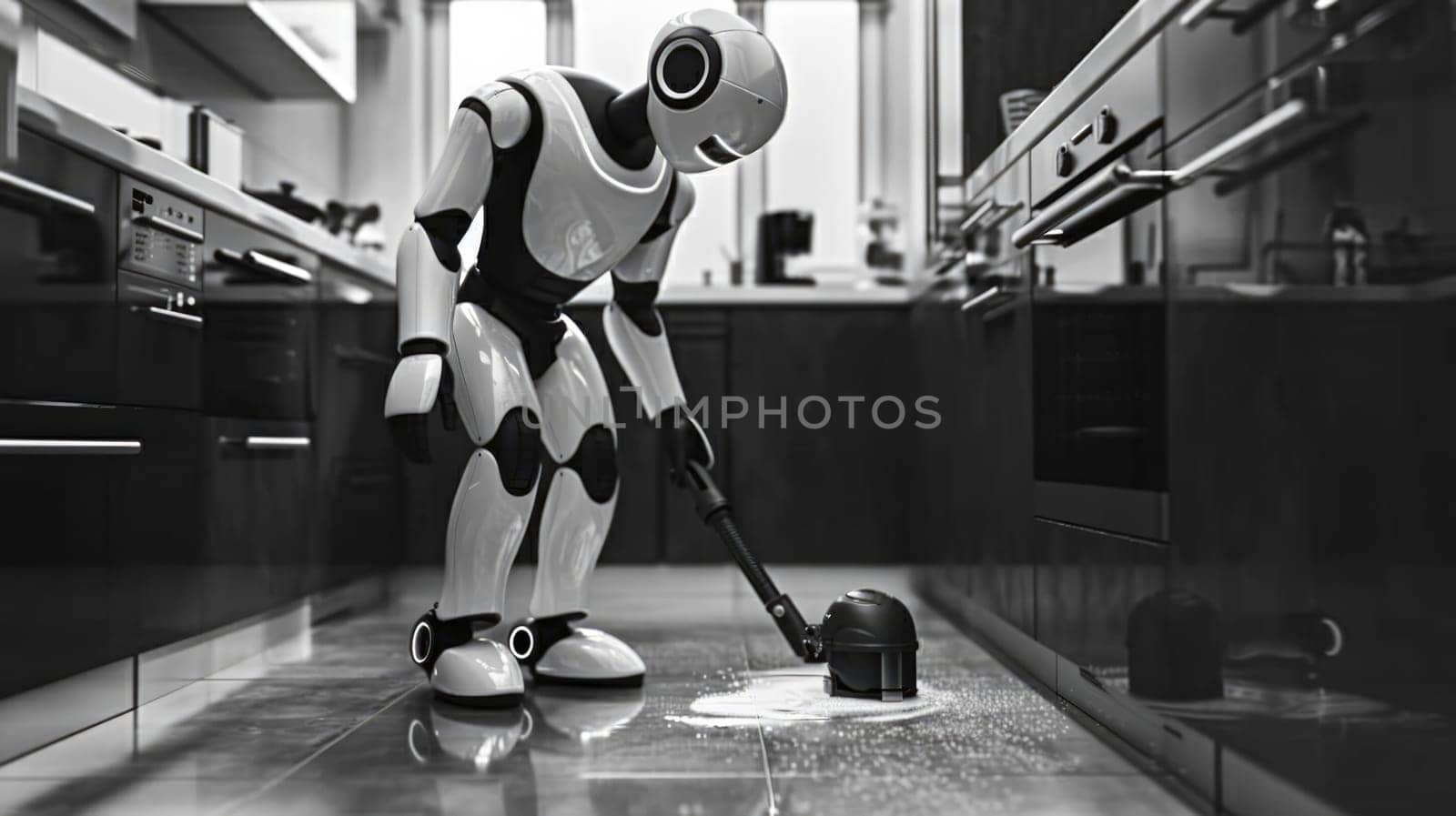 Robot cleans the house. Modern technologies in the form of a home assistant for cleaning and housekeeping. AI