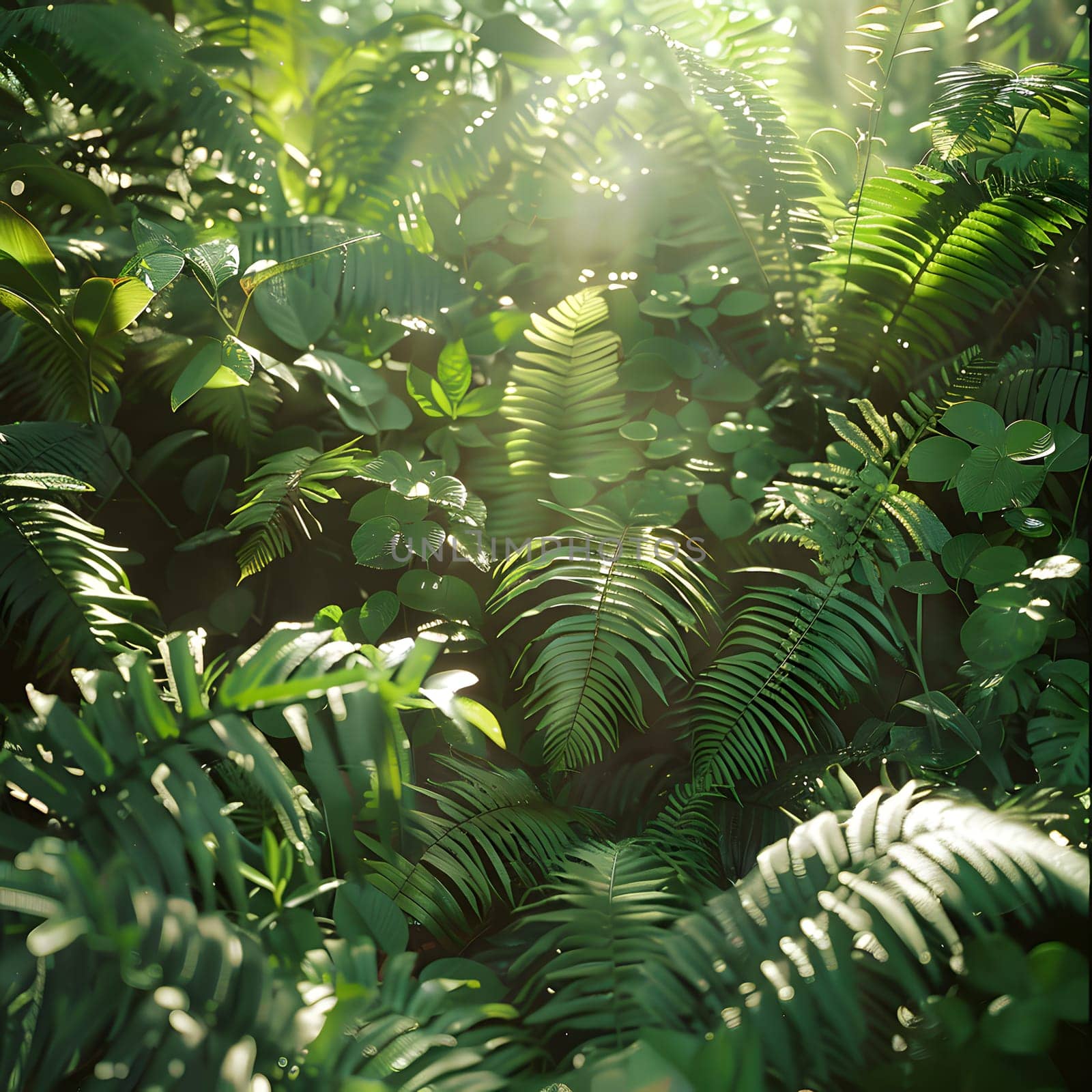 The sun filters through the lush foliage of terrestrial plants like ferns and shrubs in the jungle, creating a mesmerizing natural landscape