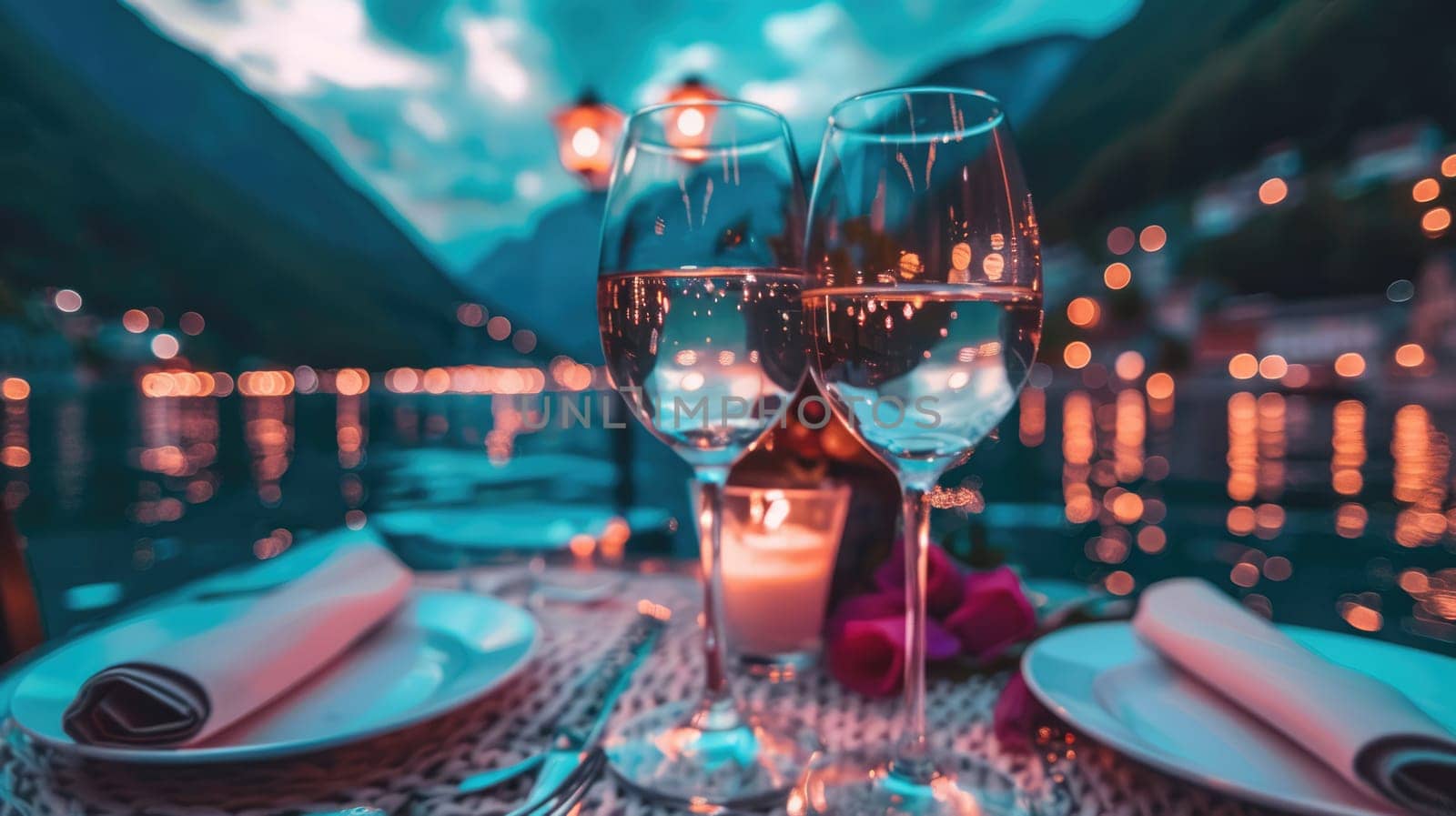 Romantic sunset dinner on the beach. Honeymoon and travel time AI