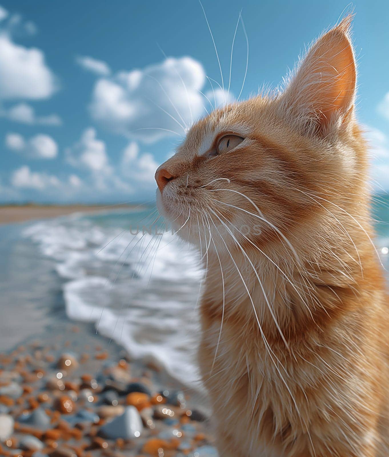 orange cat relaxing on a sand beach looking into the distance.