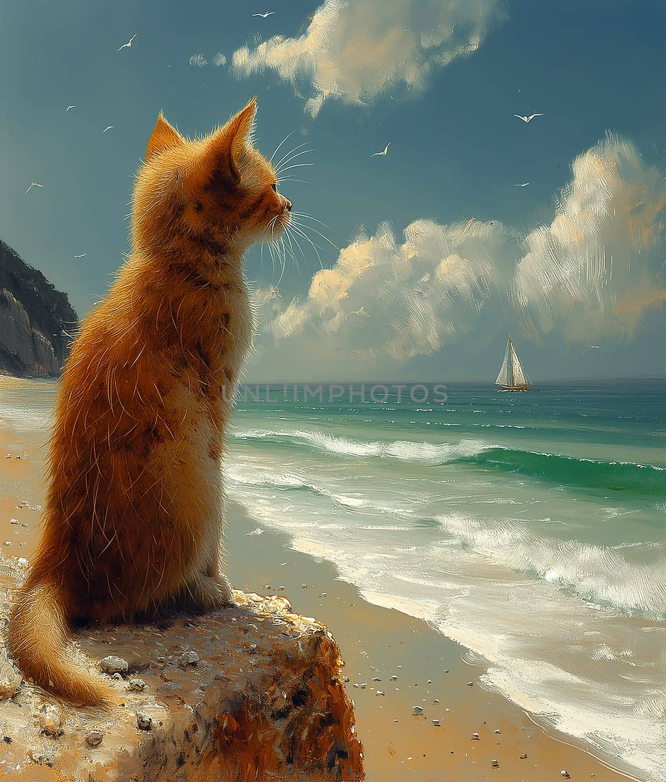 An orange cute cat at the beach on a sunny day