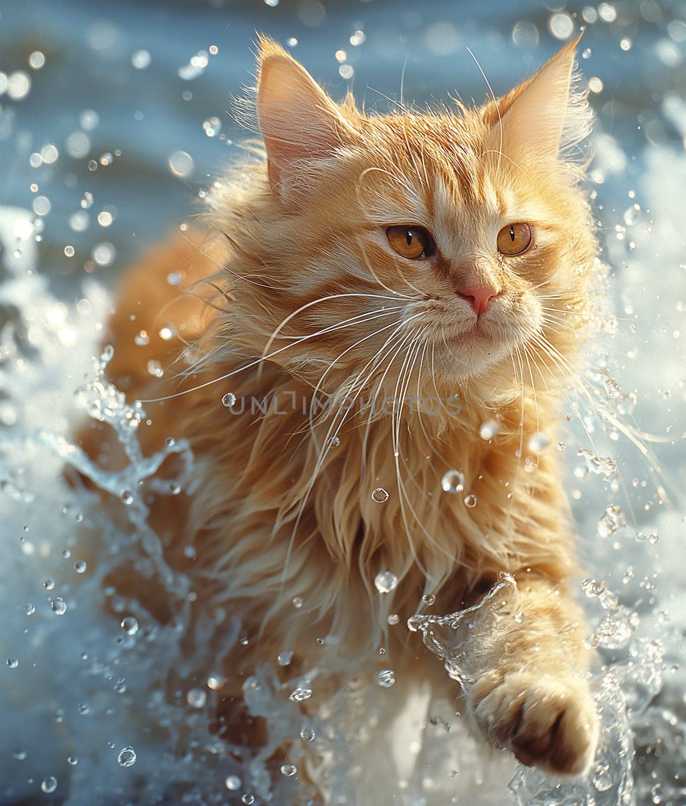 orange cat swimming in the sea at the beach in a sunny day