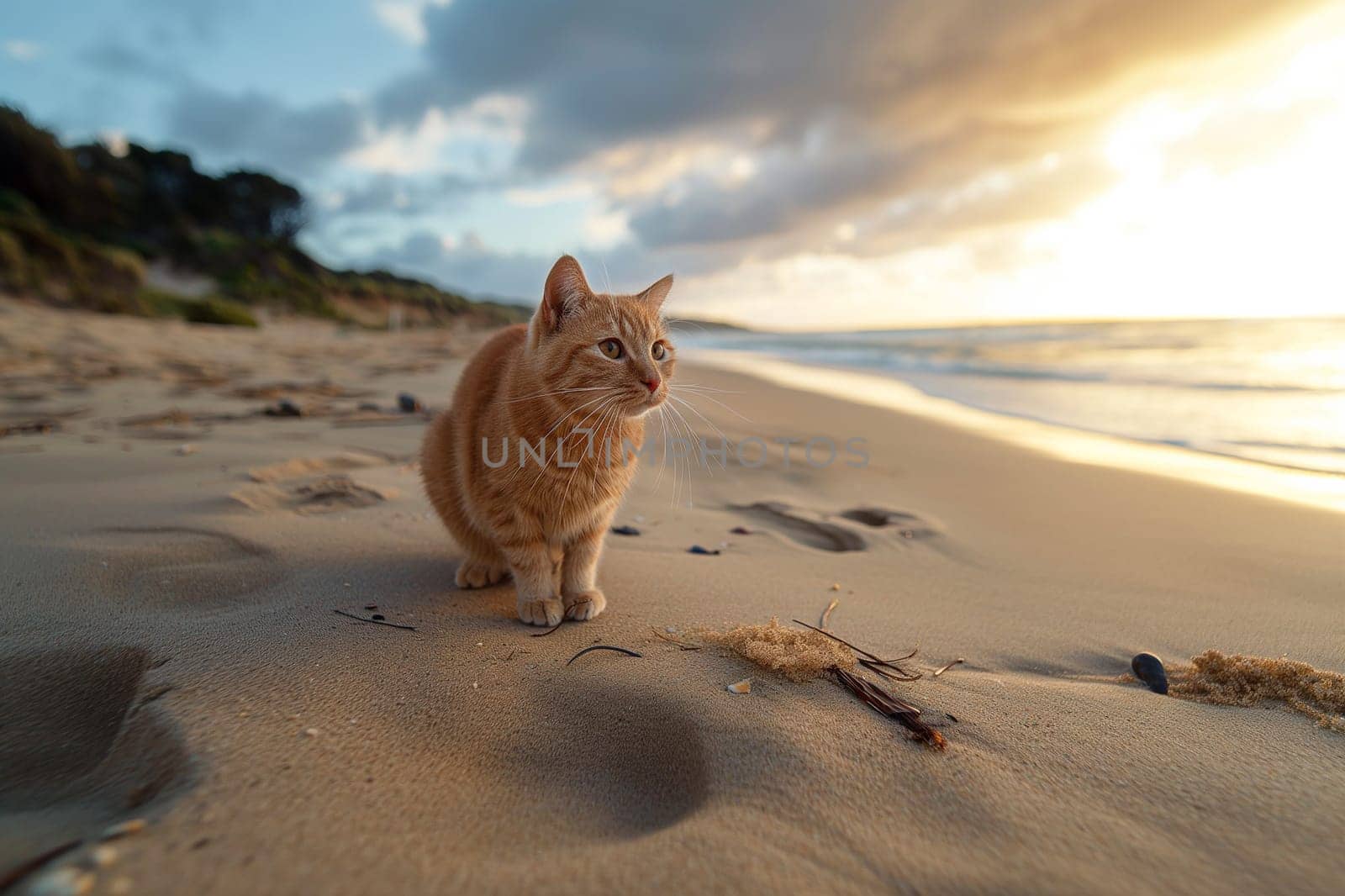 An orange cute cat at the beach on a sunny day