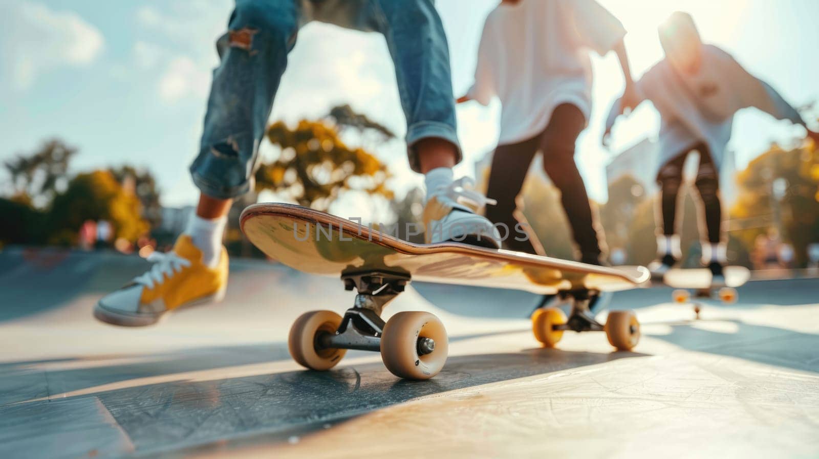 Teenagers ride skateboards in the city skate park by natali_brill