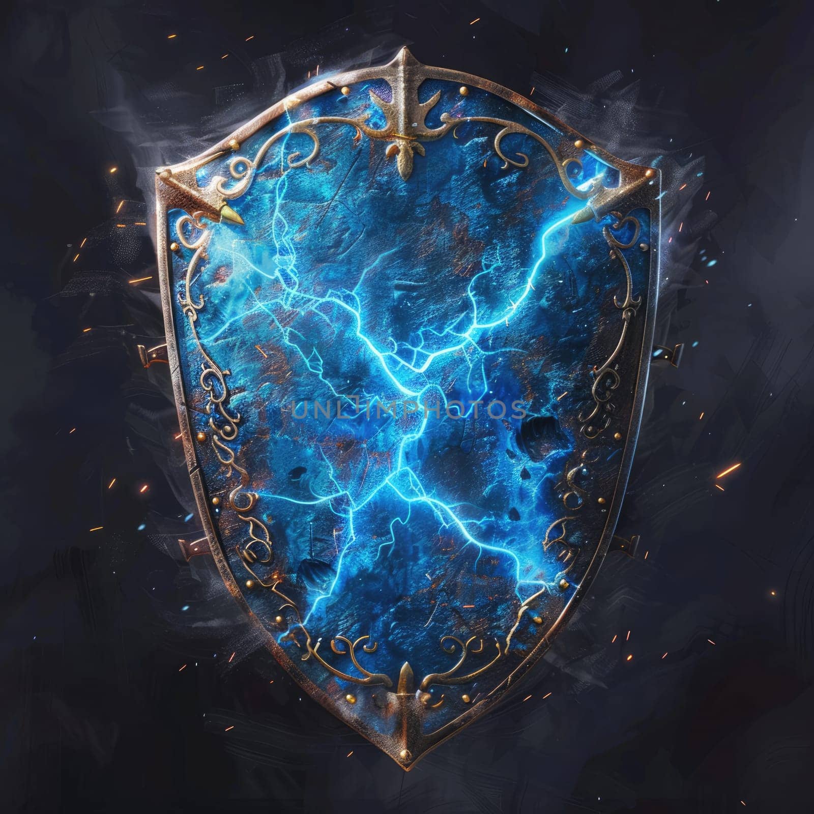 The shield crackled with blue lightning, creating an electrifying atmosphere. Fantasy element AI