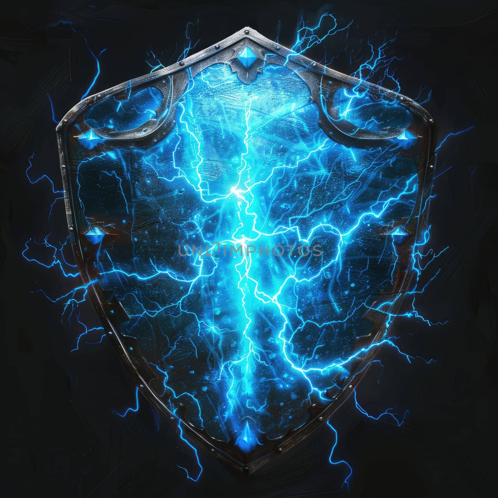 The shield crackled with blue lightning, creating an electrifying atmosphere. Fantasy element AI