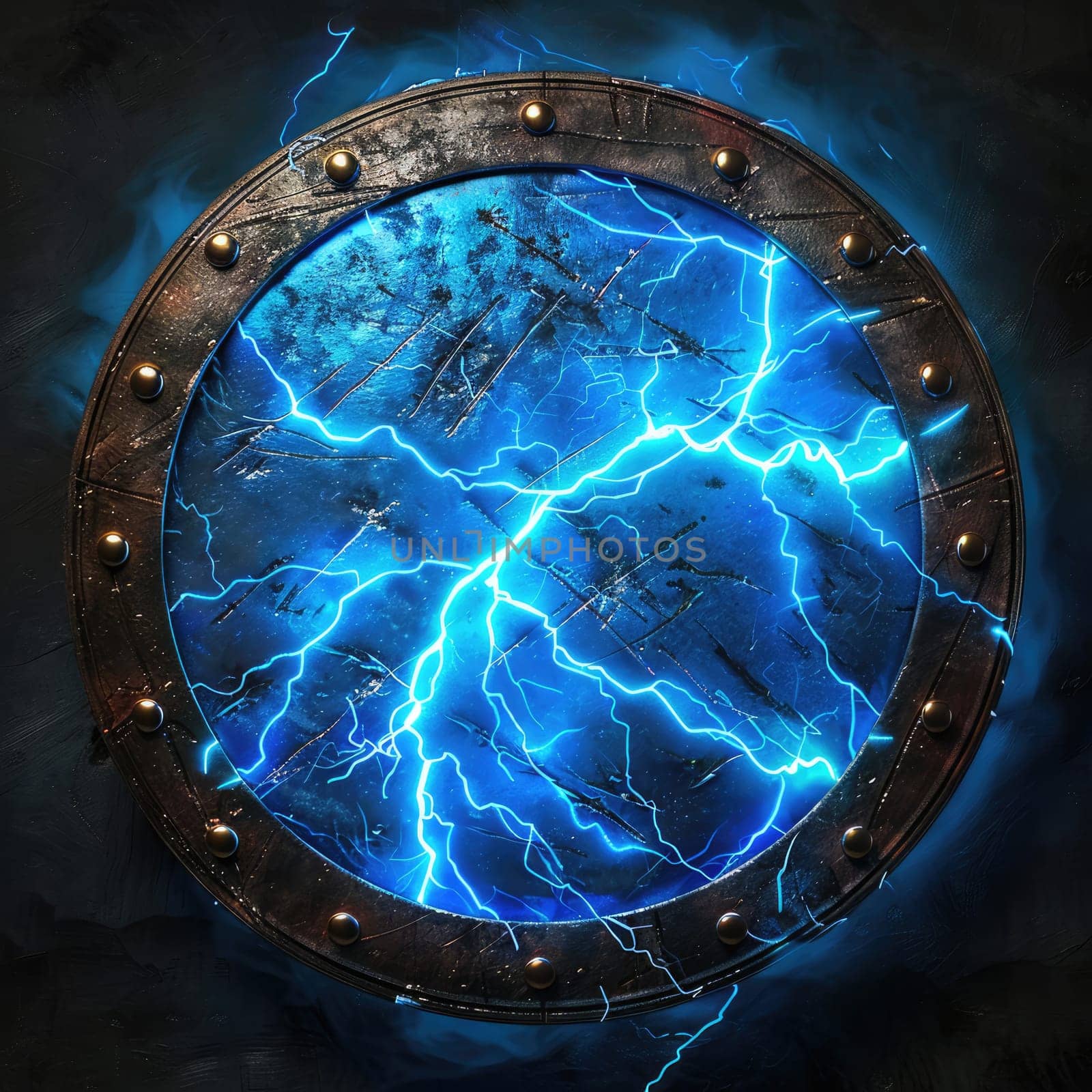 The shield crackled with blue lightning, creating an electrifying atmosphere. Fantasy element AI