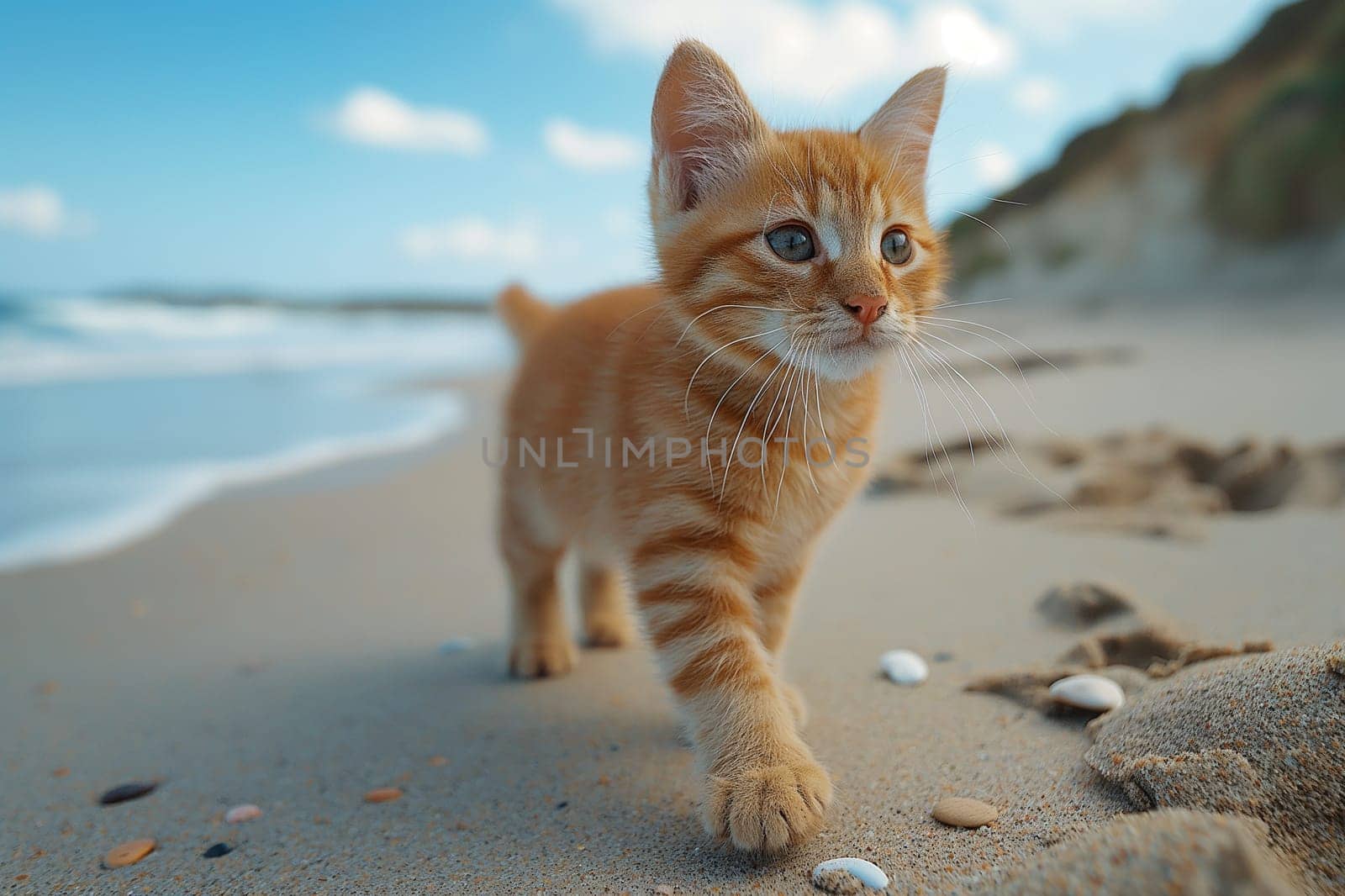 orange kitten relaxing on a sand beach looking into the distance.