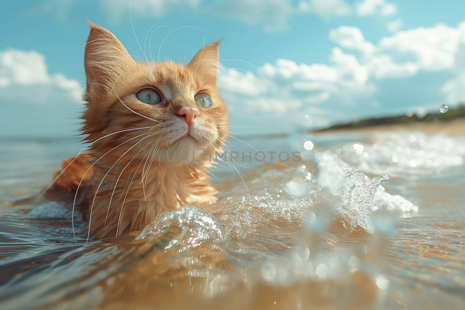 orange cat swimming in the sea at the beach in a sunny day