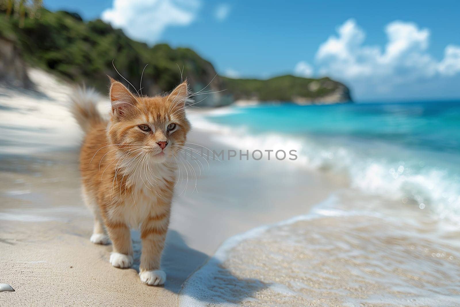 orange cat relaxing on a sand beach looking into the distance.