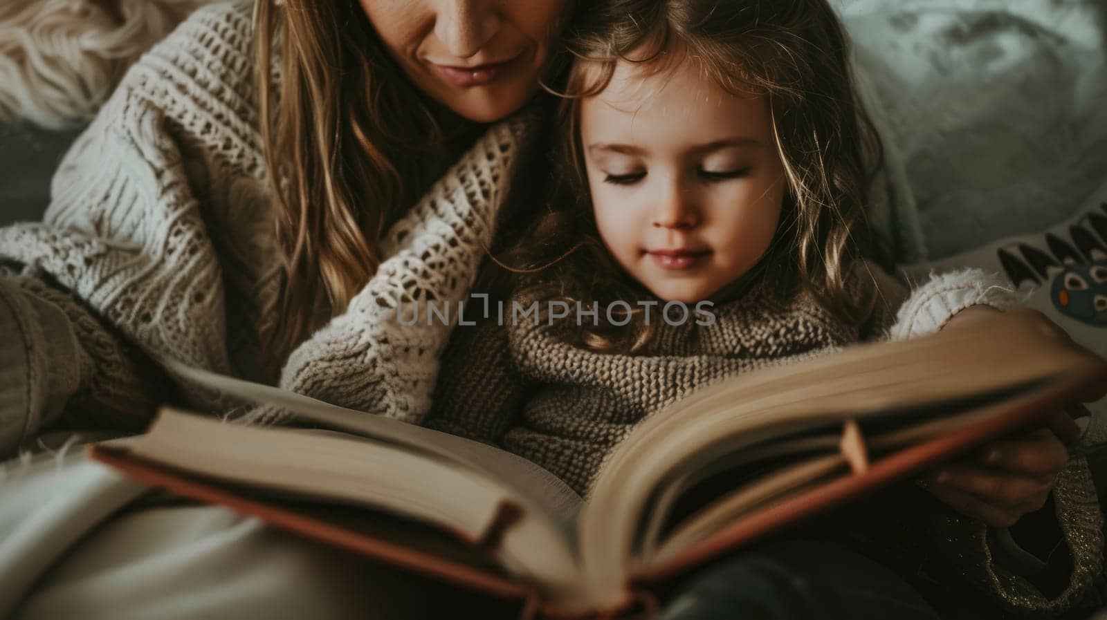 Happy mother and daughter reading book on bed in bedroom at home AI