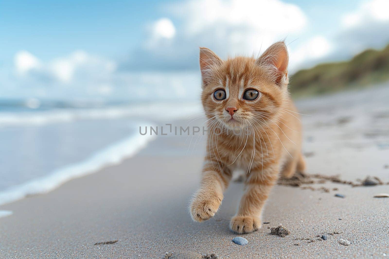 orange kitten relaxing on a sunny day at the beach